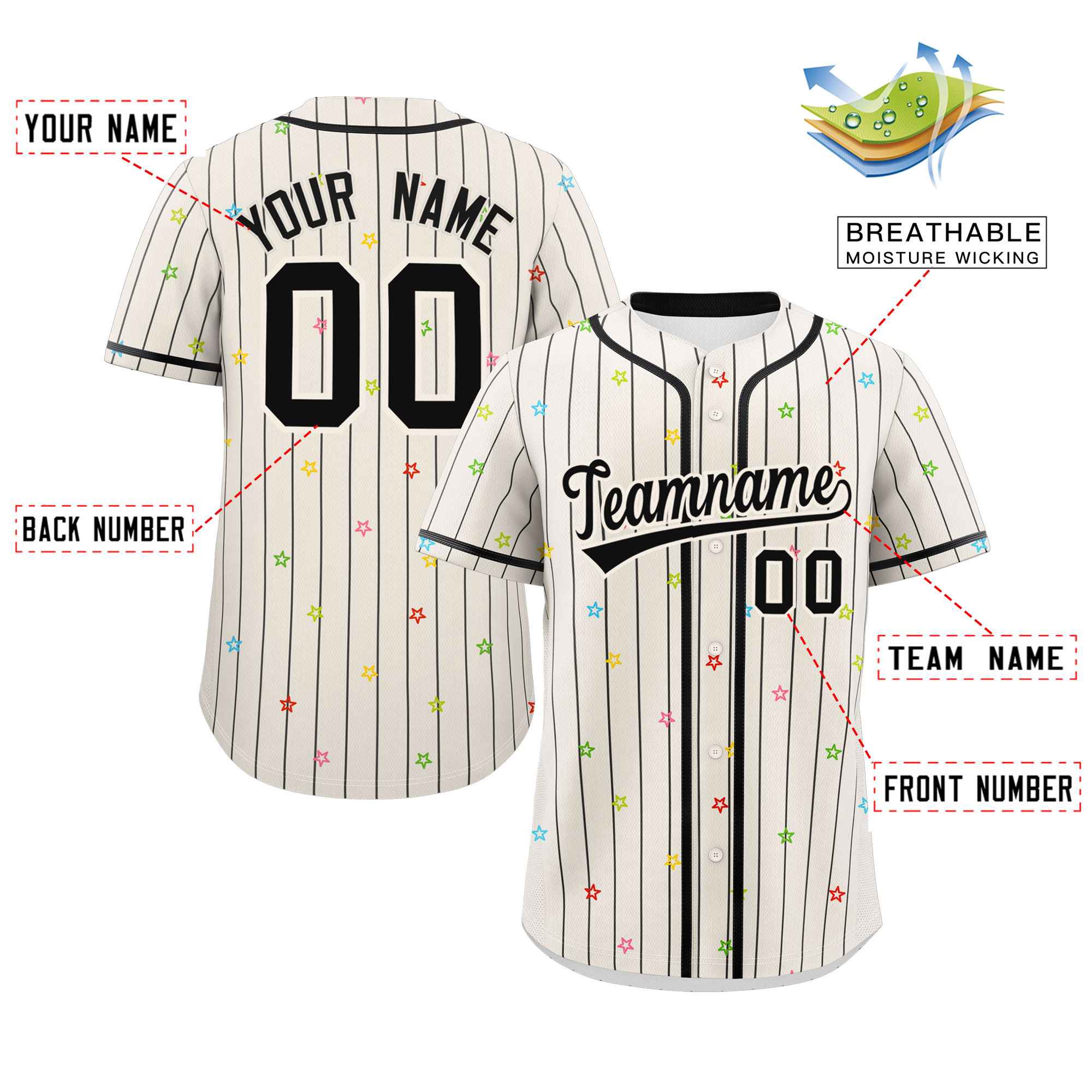 Custom Cream Black Stripe Fashion Personalized Star Pattern Authentic Baseball Jersey