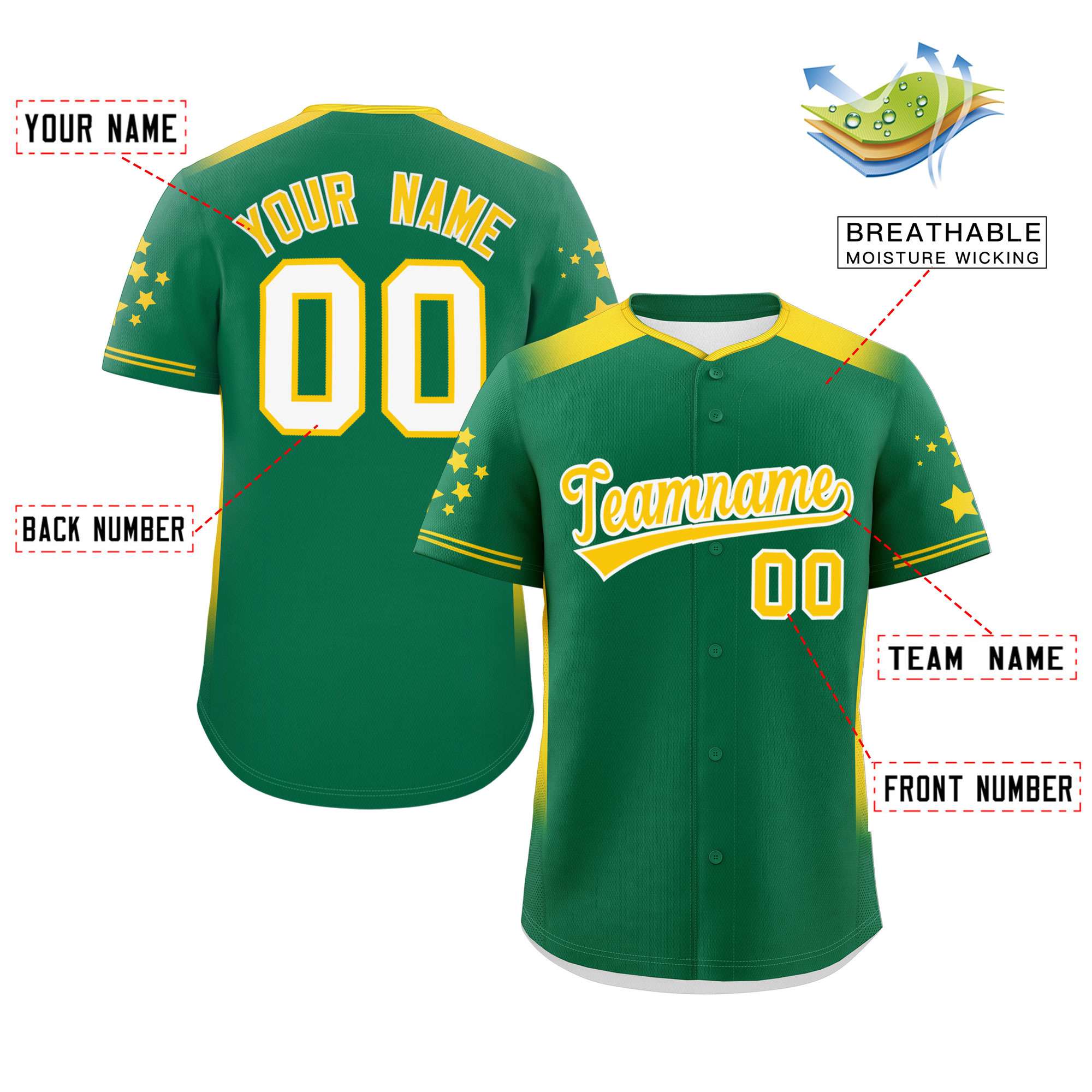 Custom Kelly Green Gold Gradient Side Personalized Star Pattern Authentic Baseball Jersey