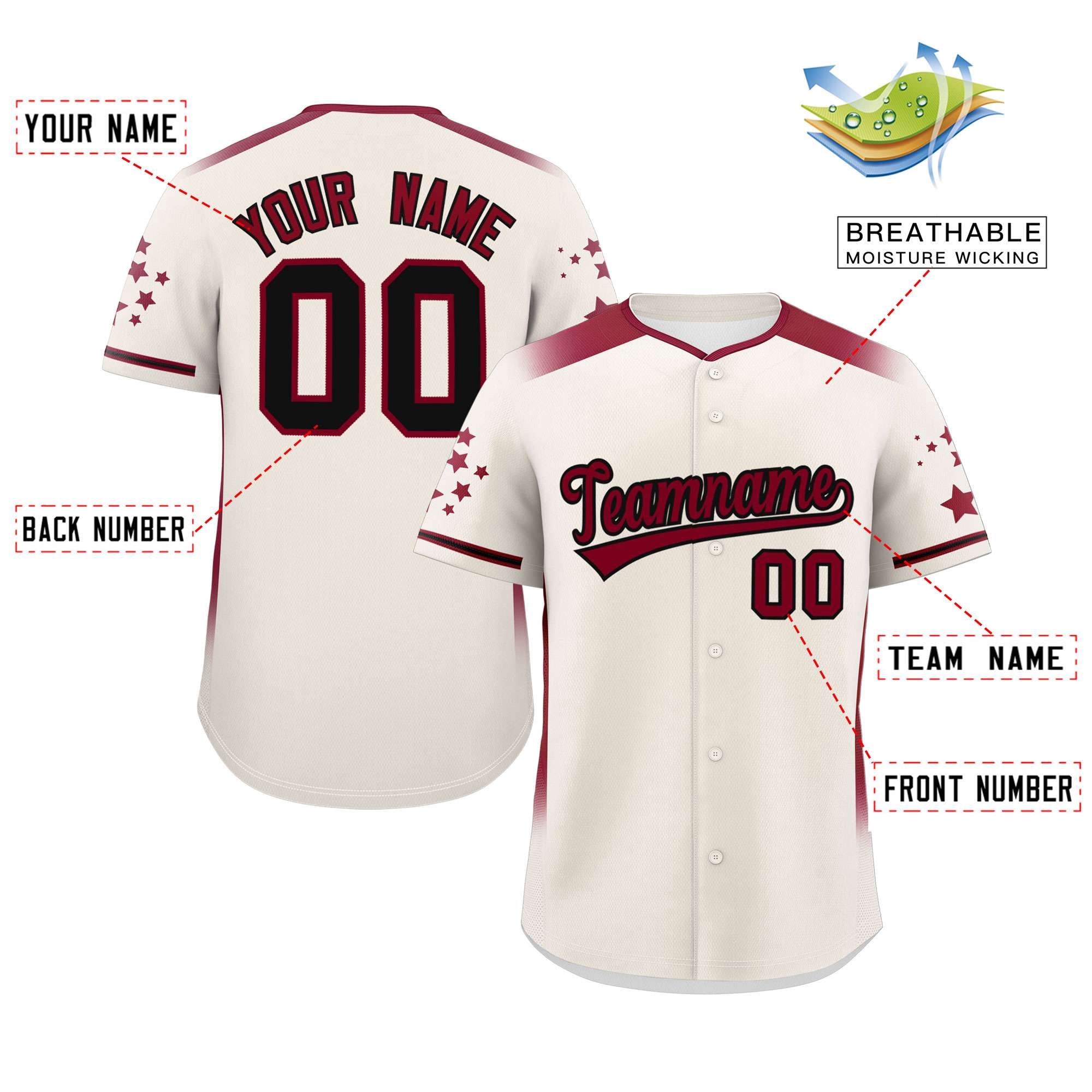 Custom Cream Crimson Gradient Side Personalized Star Pattern Authentic Baseball Jersey