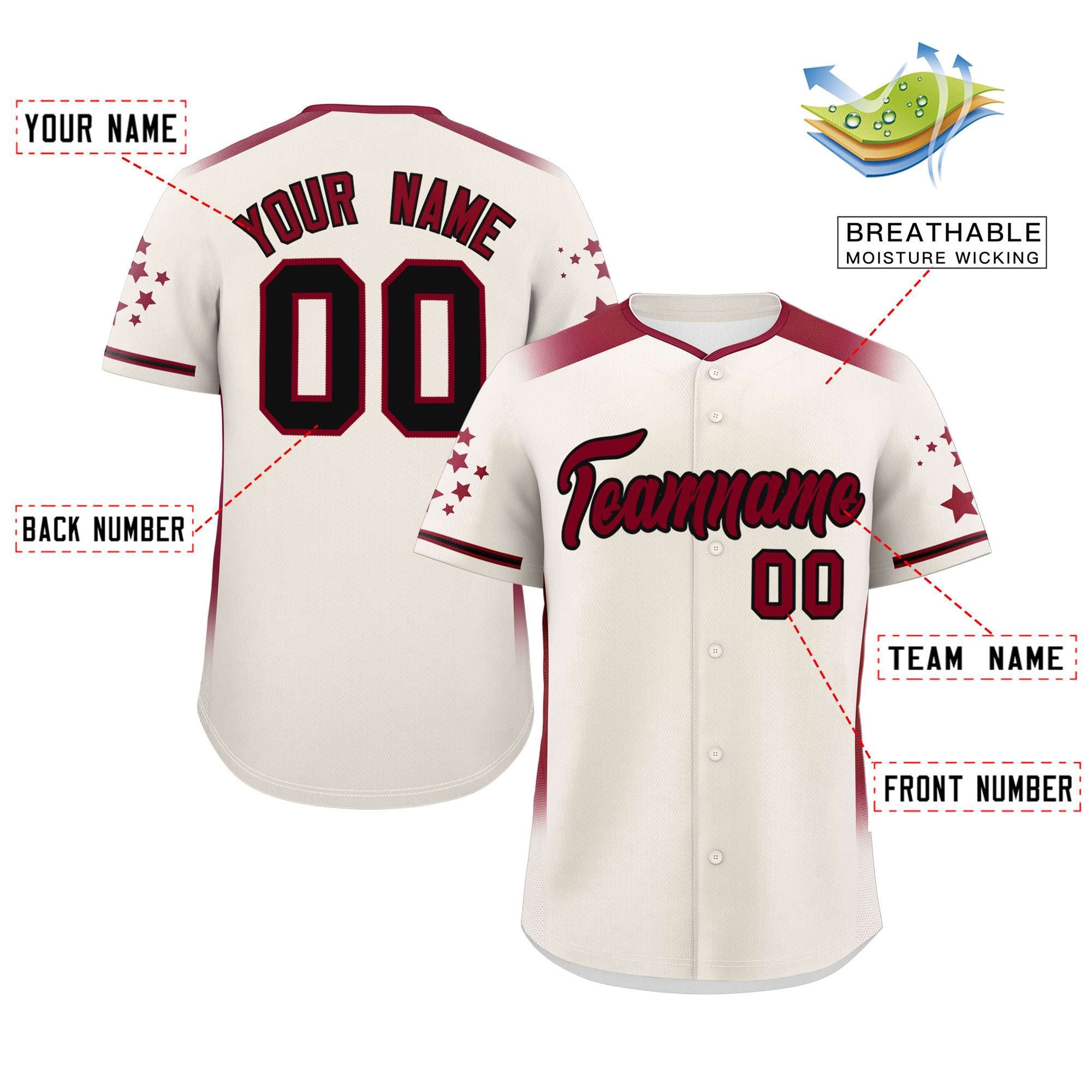 Custom Cream Crimson Gradient Side Personalized Star Pattern Authentic Baseball Jersey