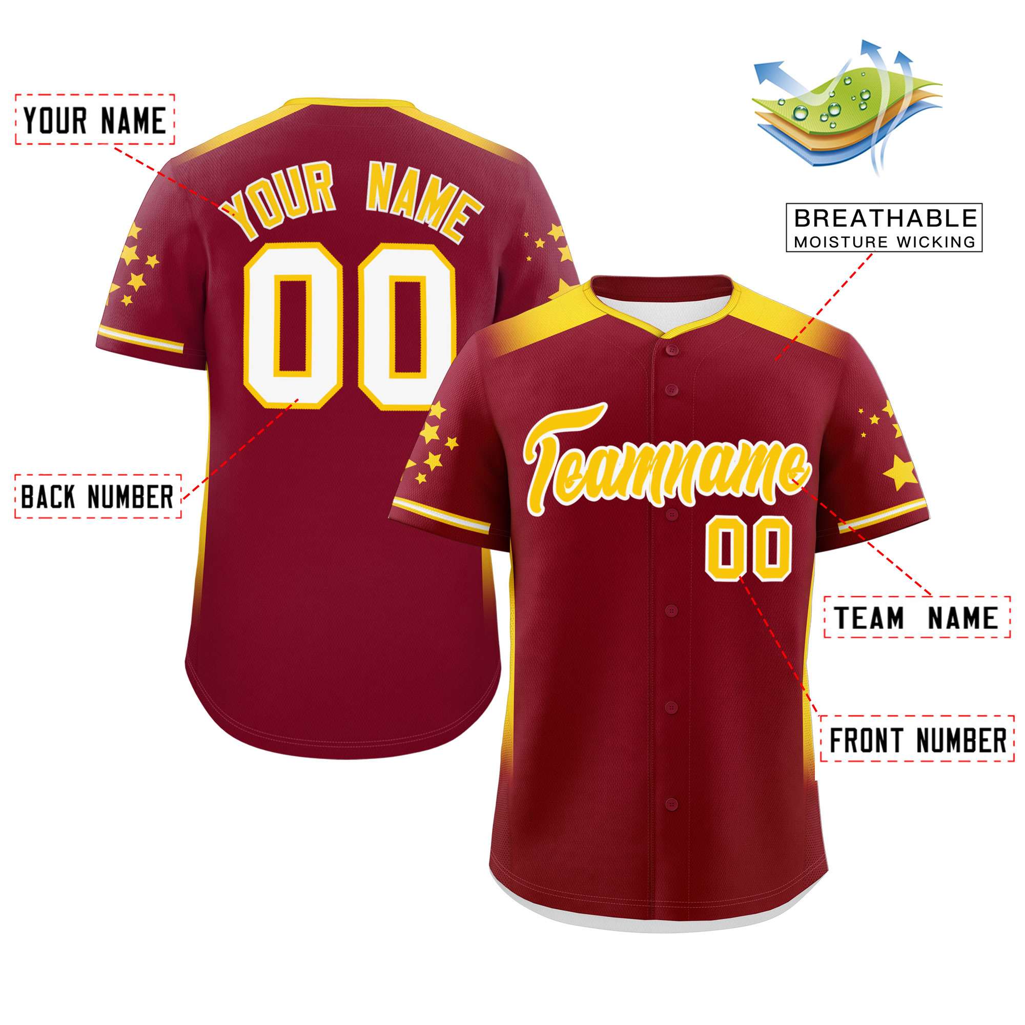 Custom Crimson Gold Gradient Side Personalized Star Pattern Authentic Baseball Jersey