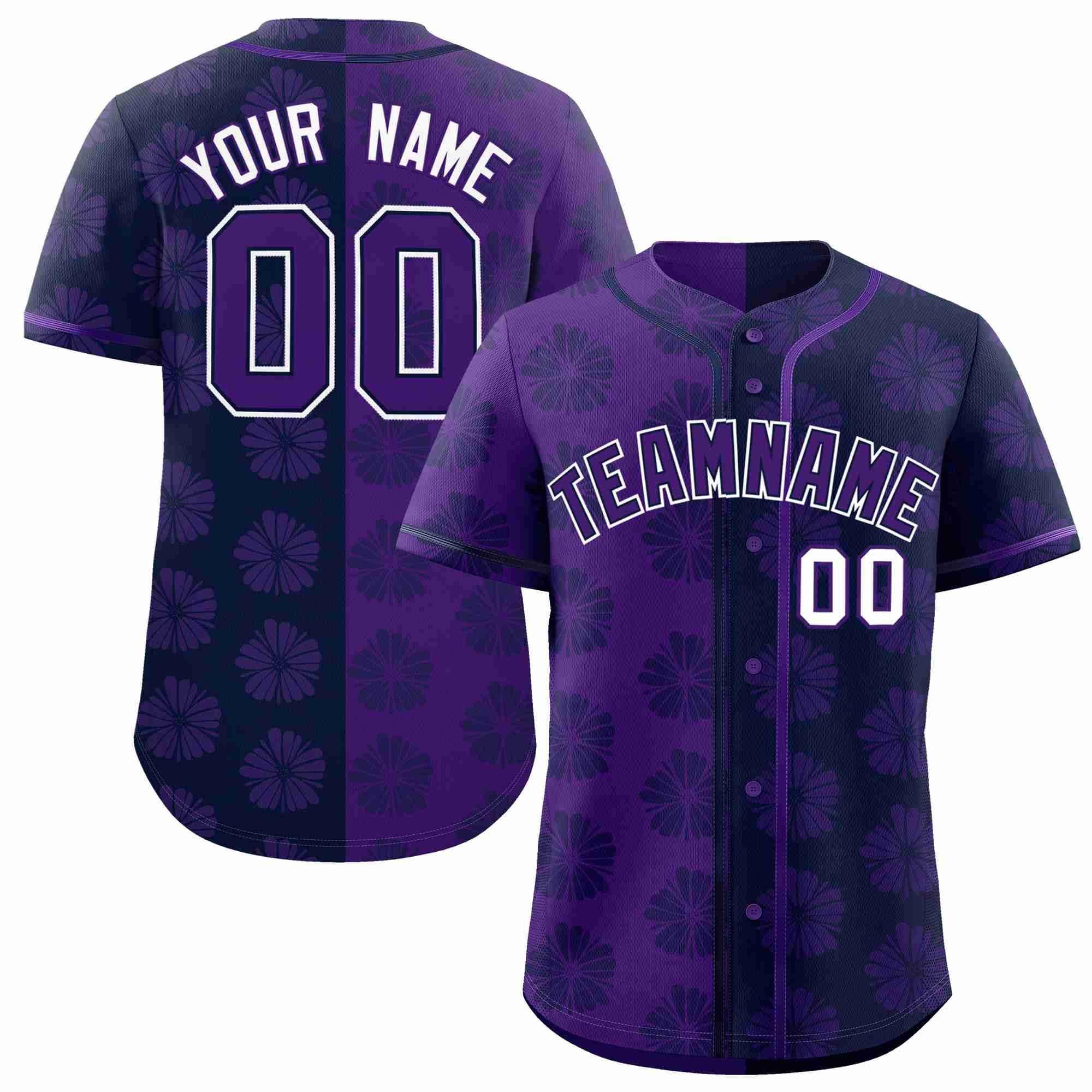 Custom Purple Navy Split Fashion Flower Graffiti Pattern Authentic Baseball Jersey