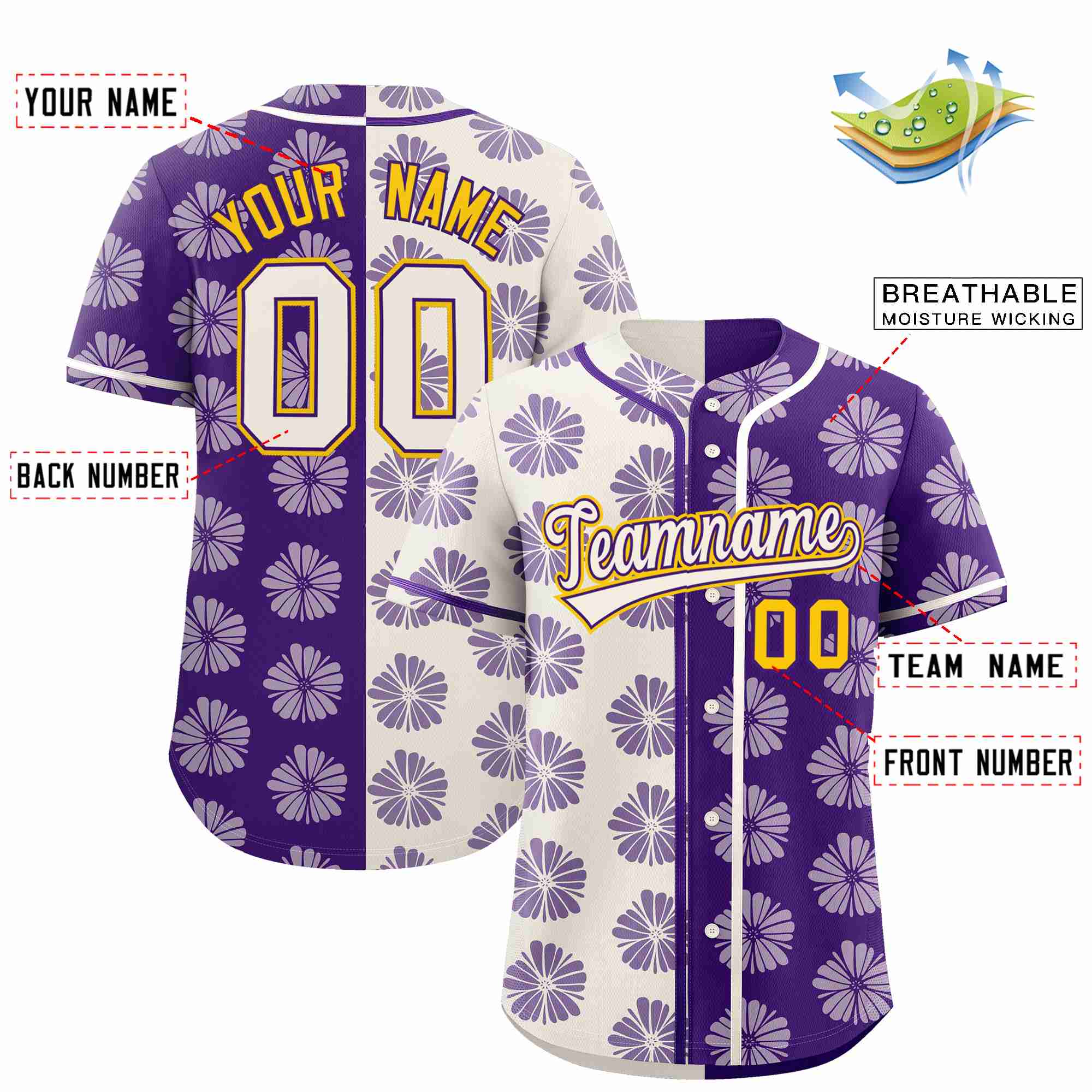 Custom Cream Purple Split Fashion Flower Graffiti Pattern Authentic Baseball Jersey