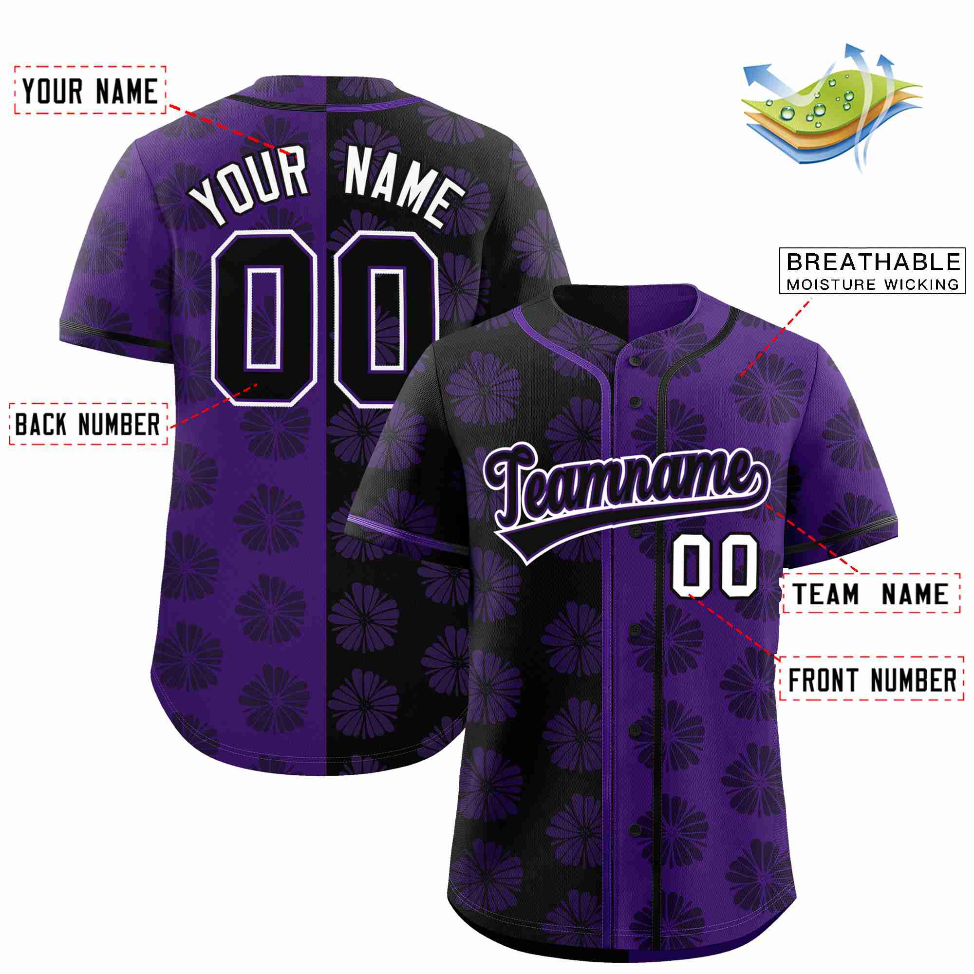 Custom Black Purple Split Fashion Flower Graffiti Pattern Authentic Baseball Jersey