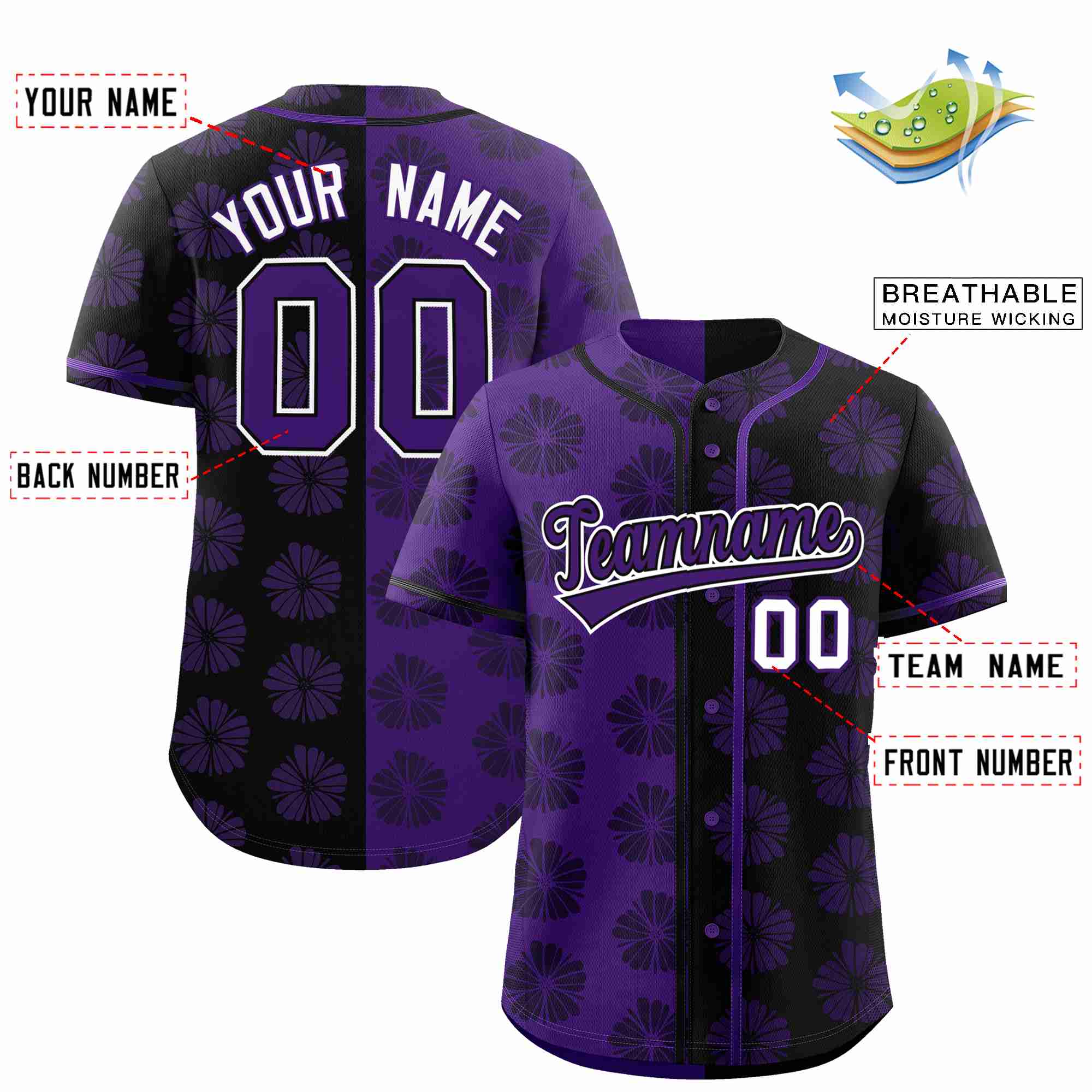 Custom Purple Black Split Fashion Flower Graffiti Pattern Authentic Baseball Jersey