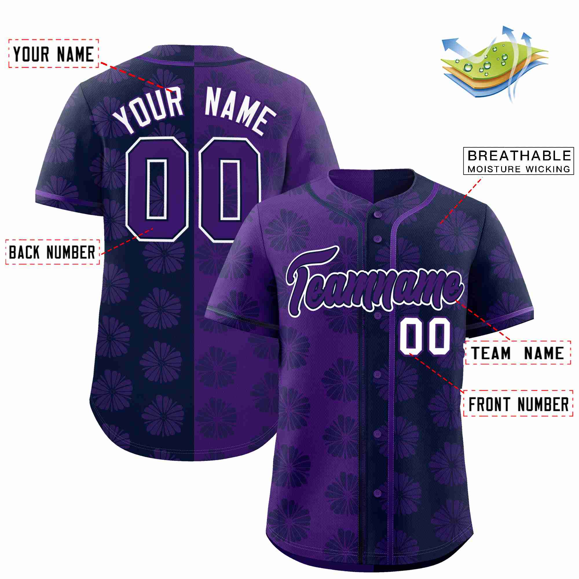 Custom Purple Navy Split Fashion Flower Graffiti Pattern Authentic Baseball Jersey