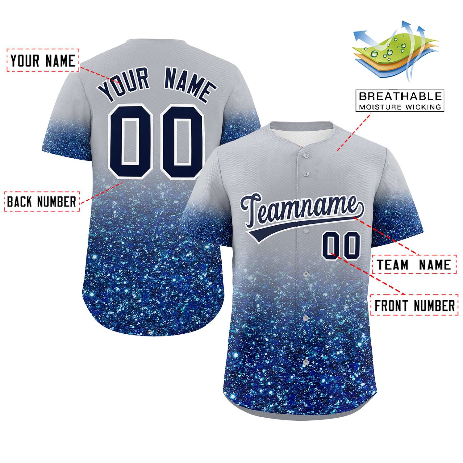 Custom Gray Navy Sequins Pattern Gradient Fashion Authentic Baseball Jersey