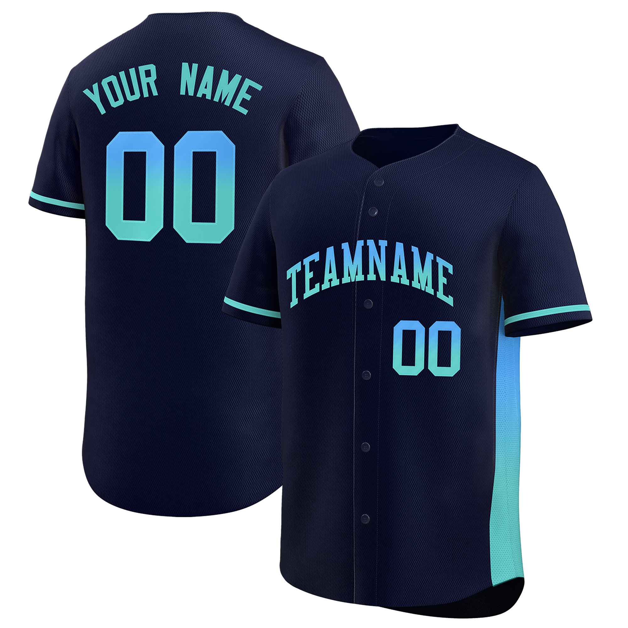 Custom Navy Powder Blue-Lt Green Personalized Gradient Font And Side Design Authentic Baseball Jersey