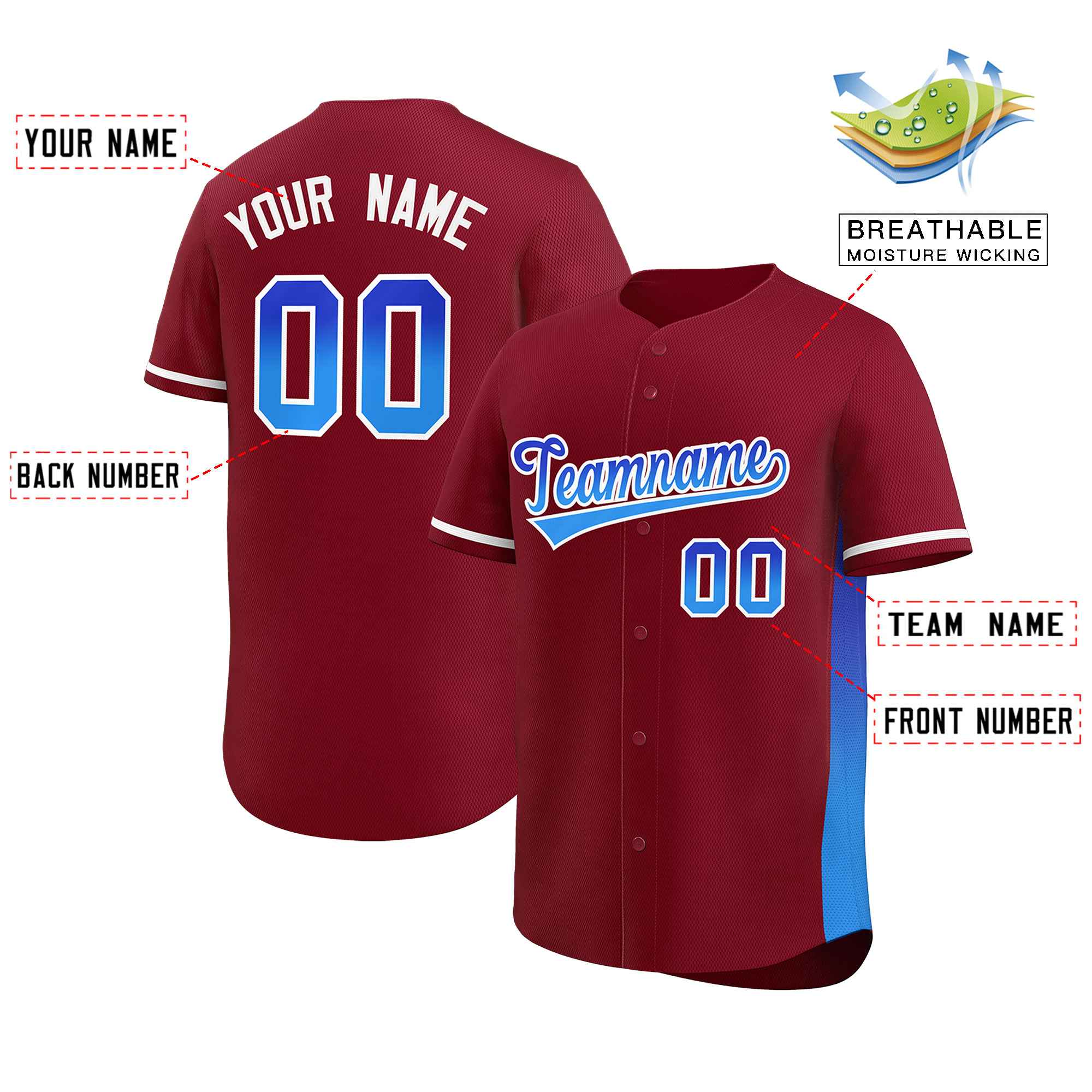 Custom Crimson Royal-Powder Blue Personalized Gradient Font And Side Design Authentic Baseball Jersey