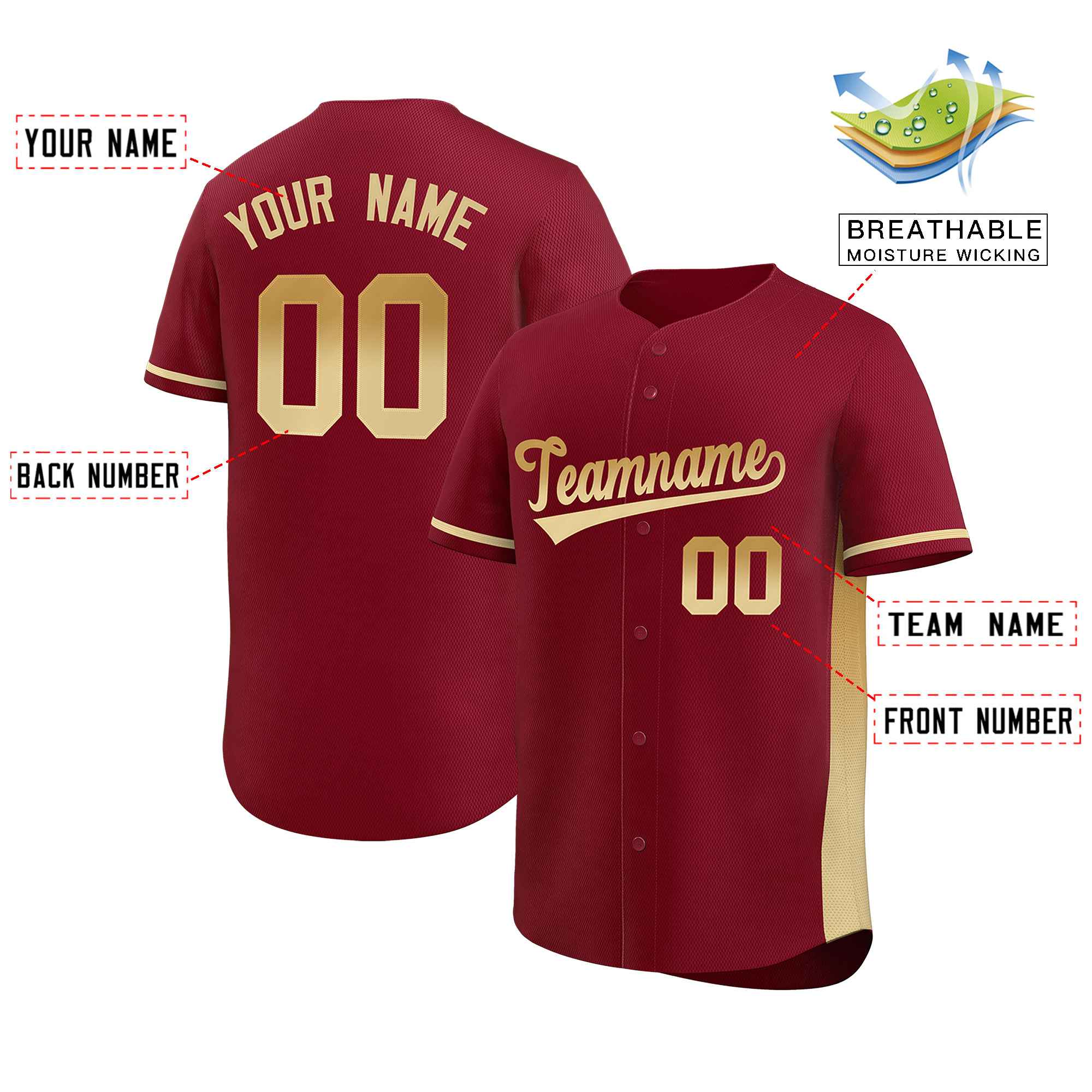 Custom Crimson Old Gold-Khaki Personalized Gradient Font And Side Design Authentic Baseball Jersey