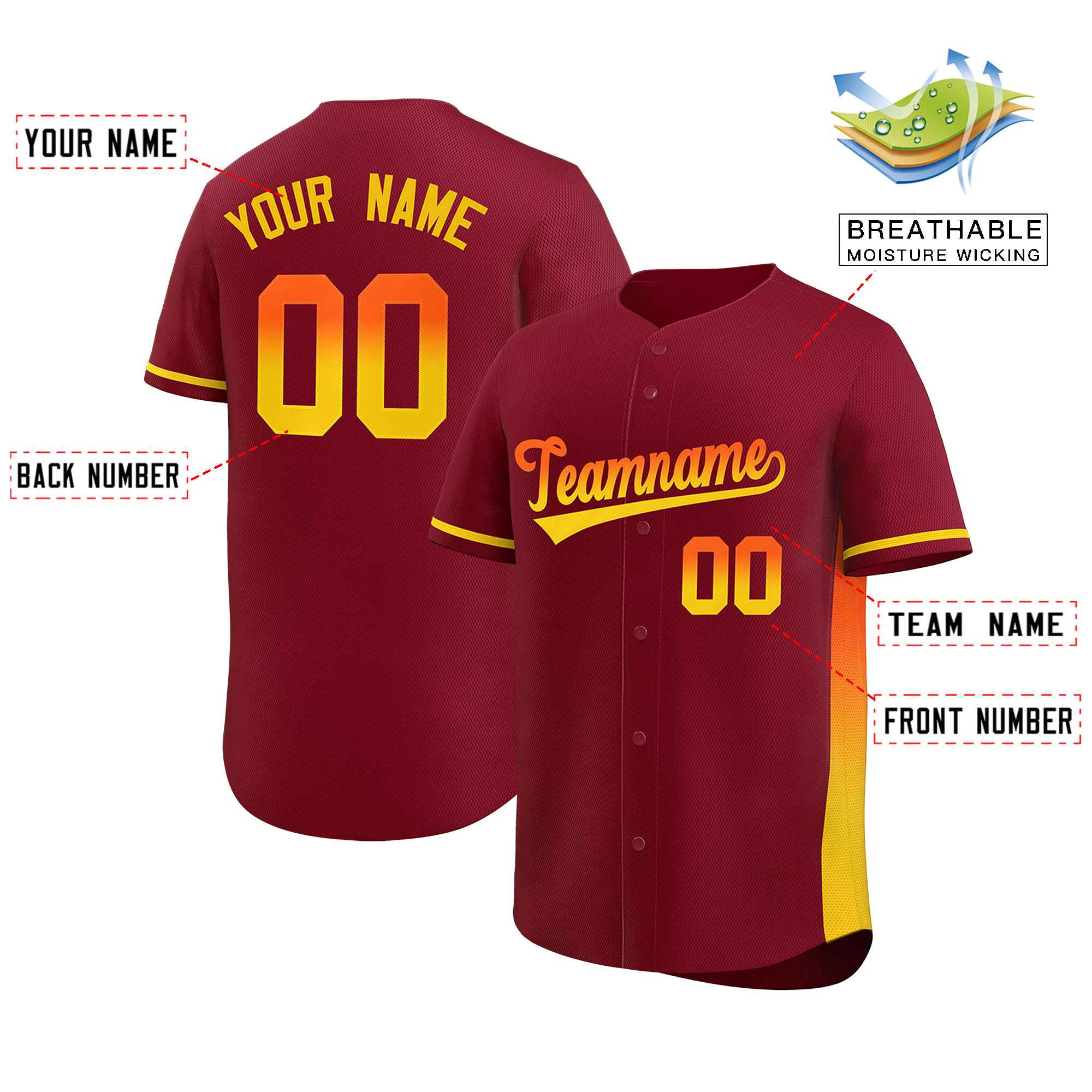 Custom Crimson Orange-Gold Personalized Gradient Font And Side Design Authentic Baseball Jersey