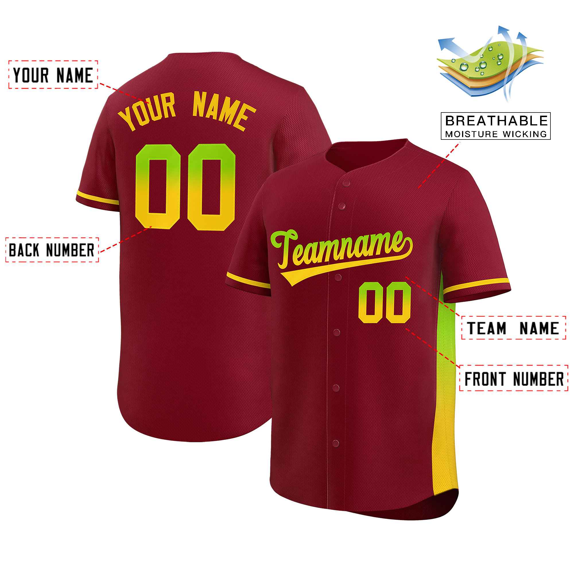 Custom Crimson Neon Green-Gold Personalized Gradient Font And Side Design Authentic Baseball Jersey