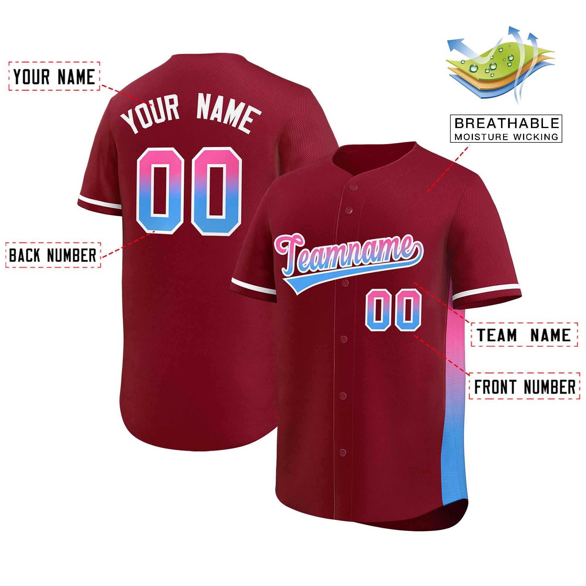 Custom Crimson Pink-Powder Blue Personalized Gradient Font And Side Design Authentic Baseball Jersey