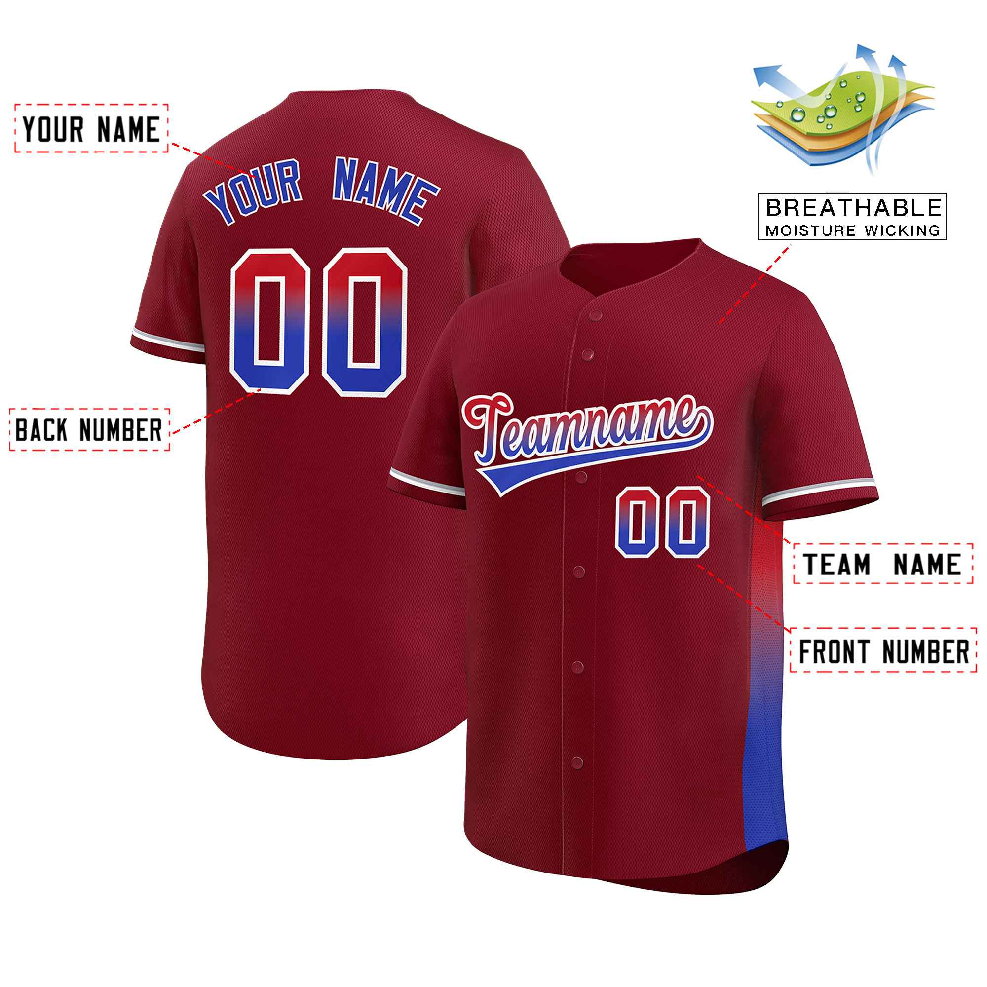 Custom Crimson Red-Royal Personalized Gradient Font And Side Design Authentic Baseball Jersey