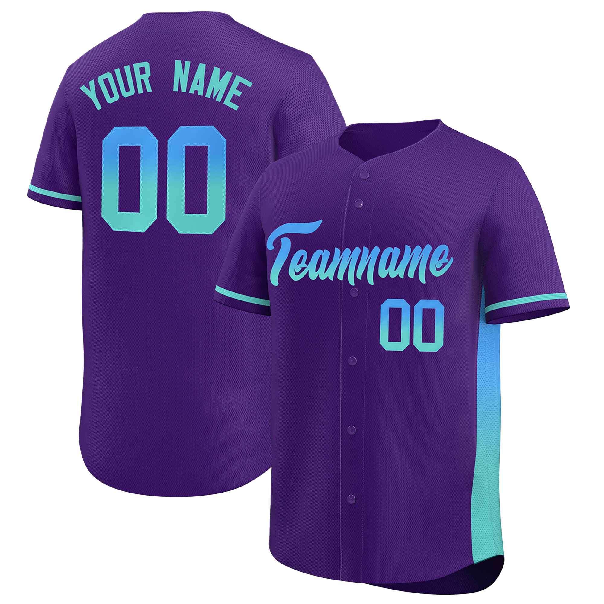 Custom Purple Powder Blue-Lt Green Personalized Gradient Font And Side Design Authentic Baseball Jersey