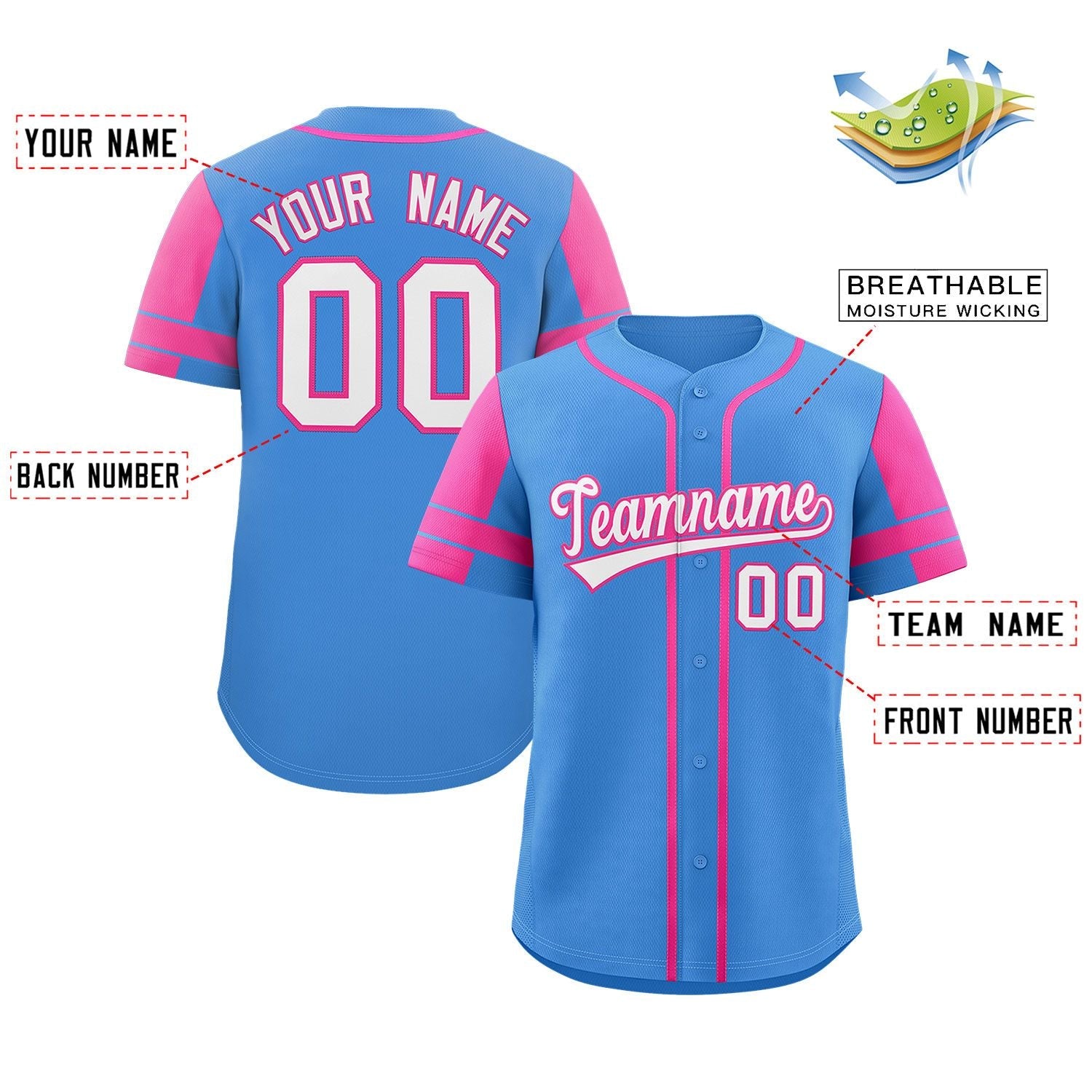 Custom Powder Blue Pink Personalized Raglan Sleeves Authentic Baseball Jersey