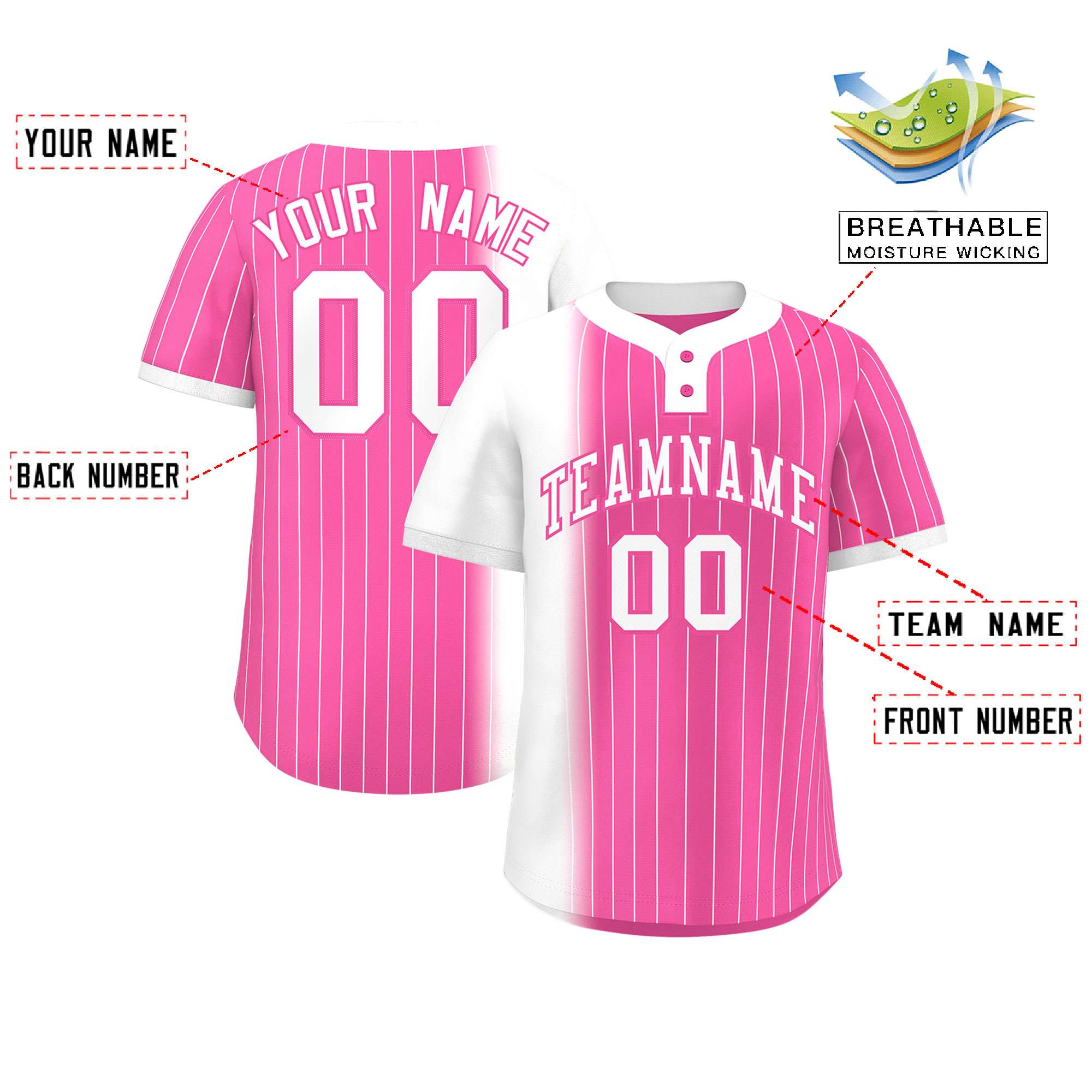 Custom White Pink Gradient Stripe Fashion Authentic Two-Button Baseball Jersey