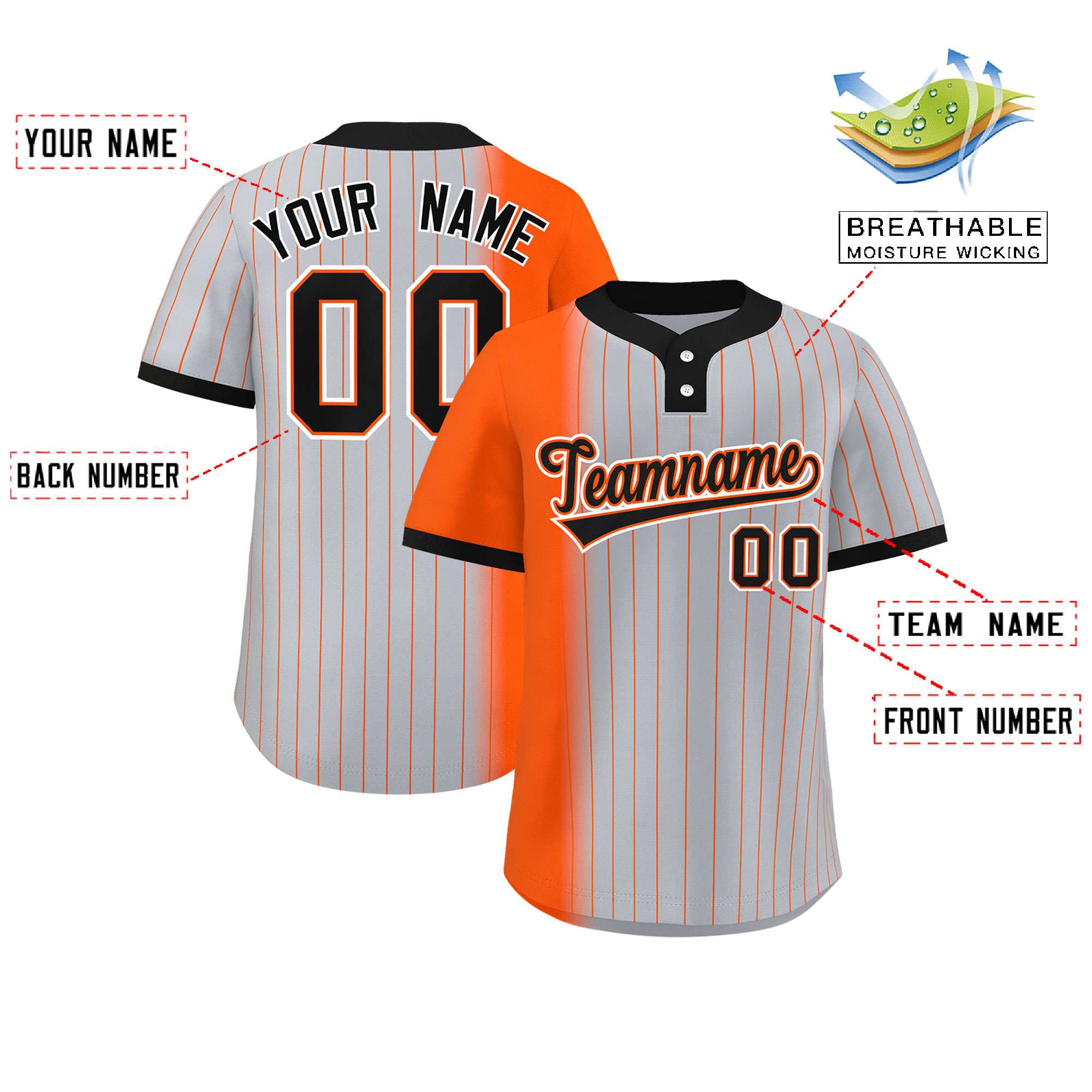 Custom Orange Gray-Black Gradient Stripe Fashion Authentic Two-Button Baseball Jersey