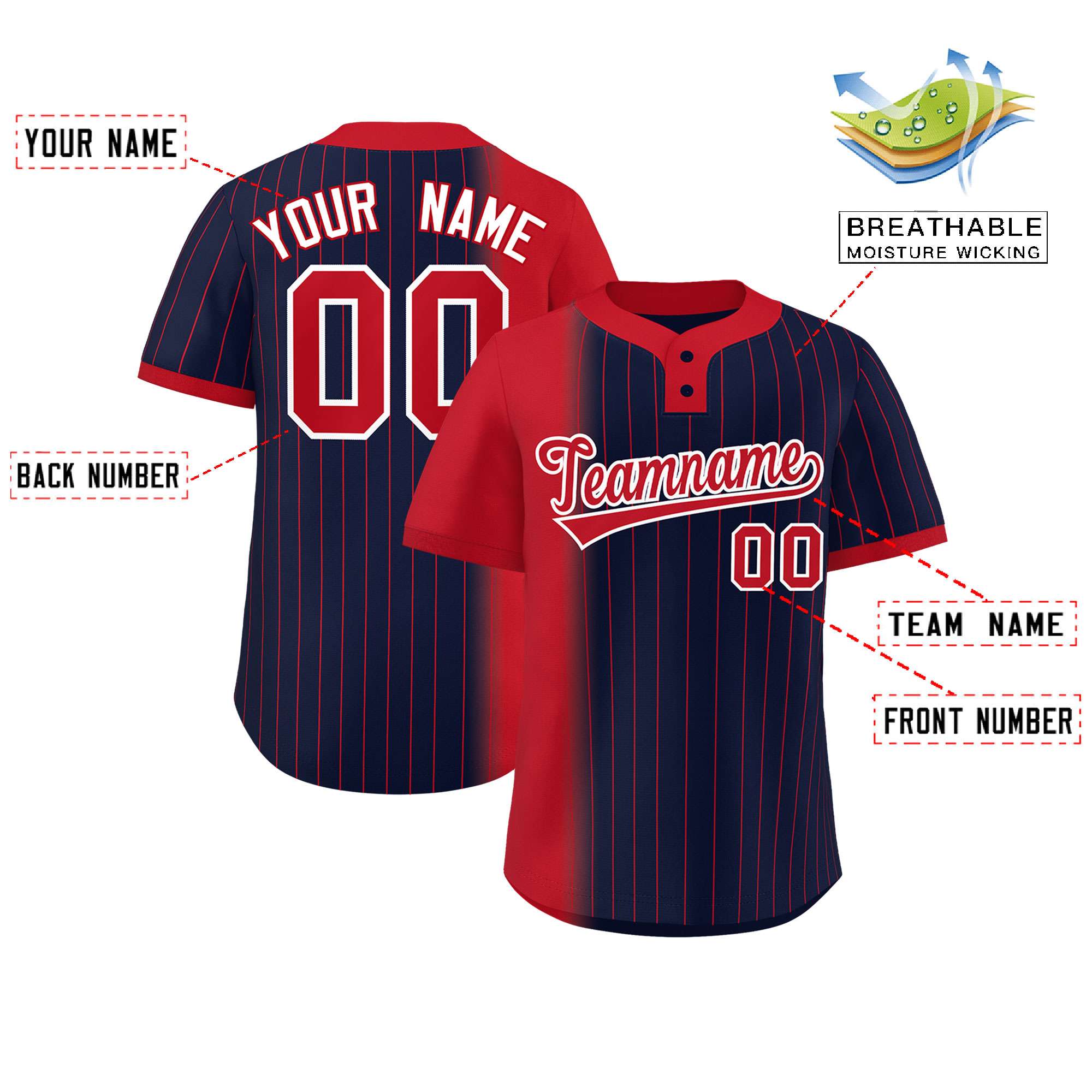 Custom Red Navy Gradient Stripe Fashion Authentic Two-Button Baseball Jersey