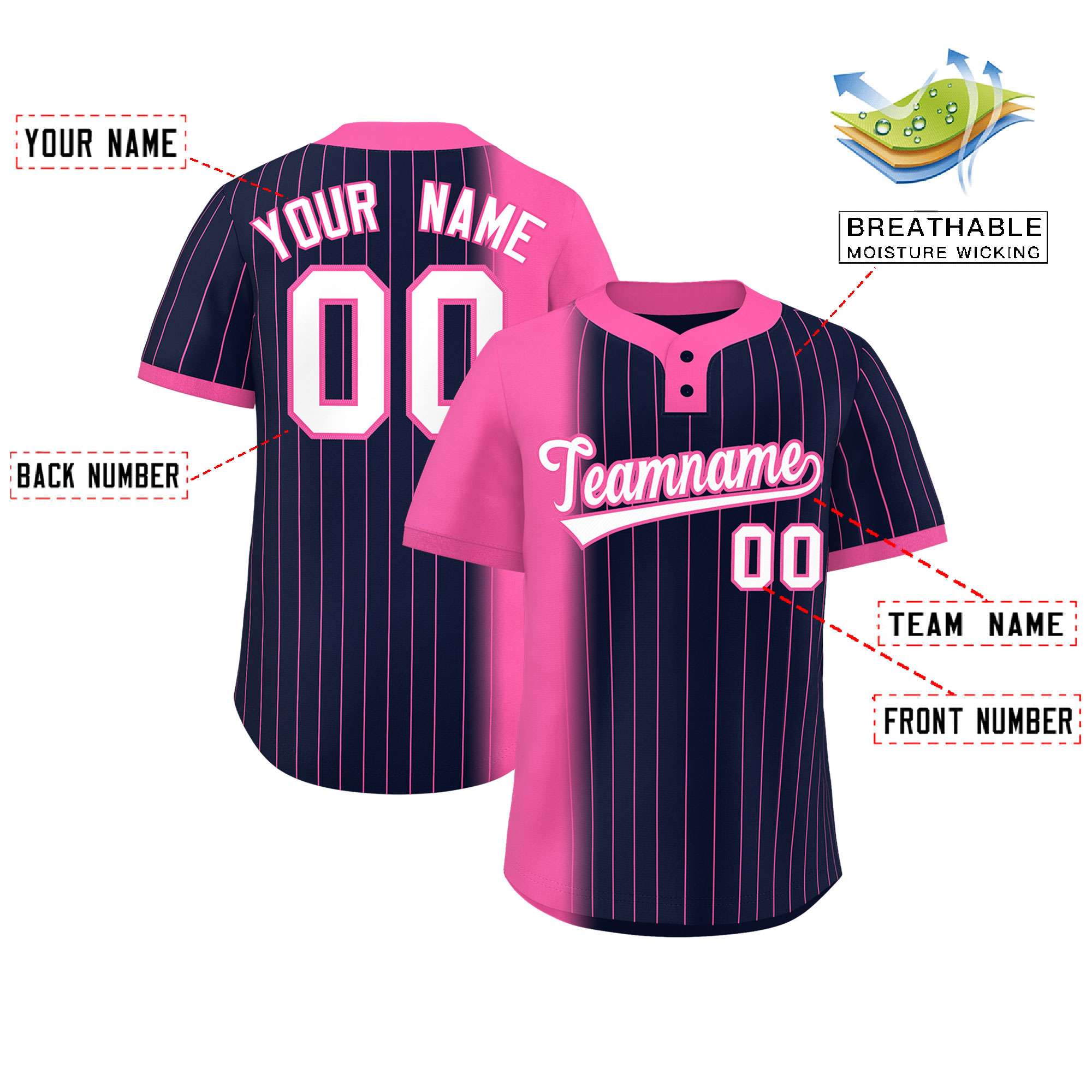 Custom Pink Navy Gradient Stripe Fashion Authentic Two-Button Baseball Jersey