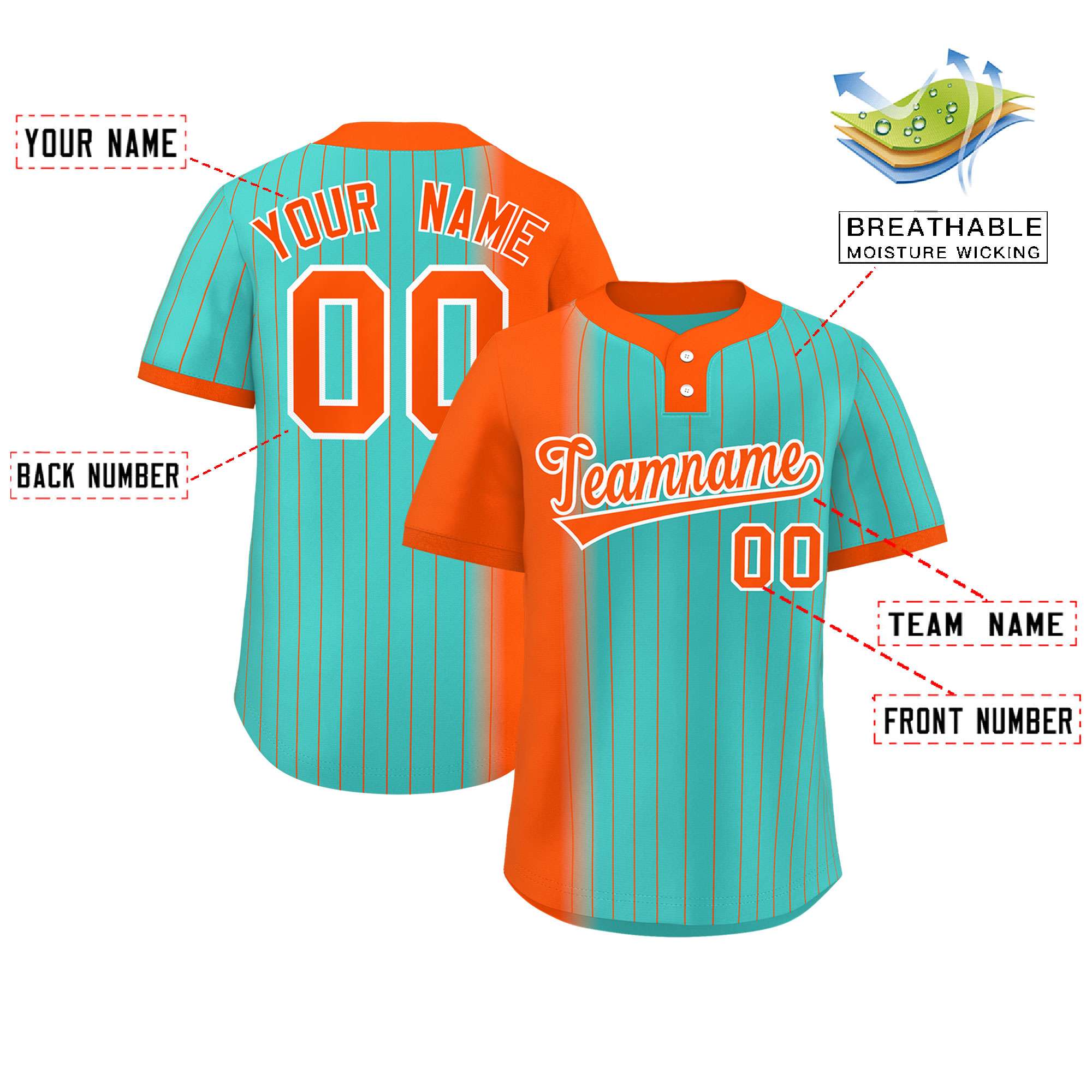 Custom Orange Aqua Gradient Stripe Fashion Authentic Two-Button Baseball Jersey