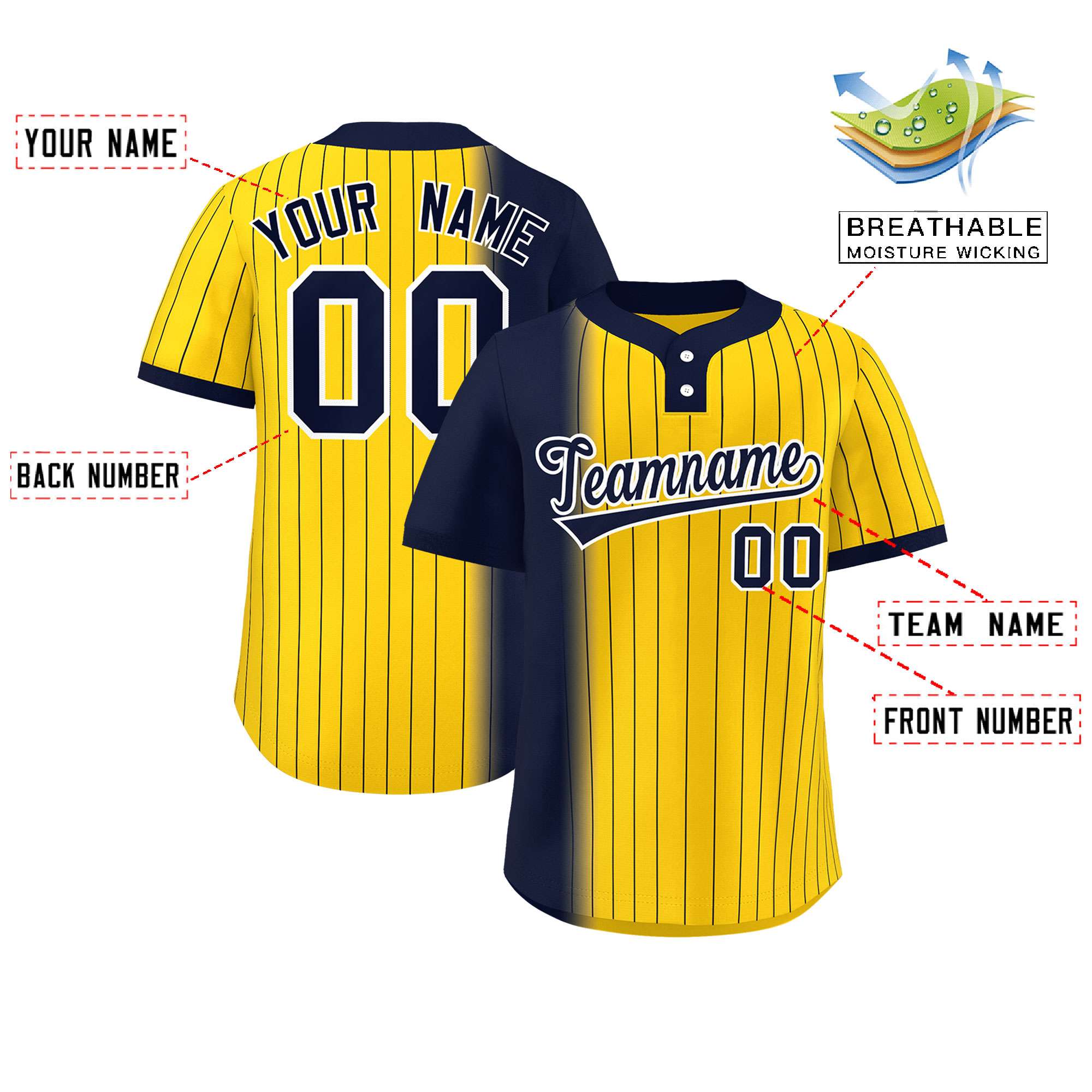 Custom Navy Gold Gradient Stripe Fashion Authentic Two-Button Baseball Jersey