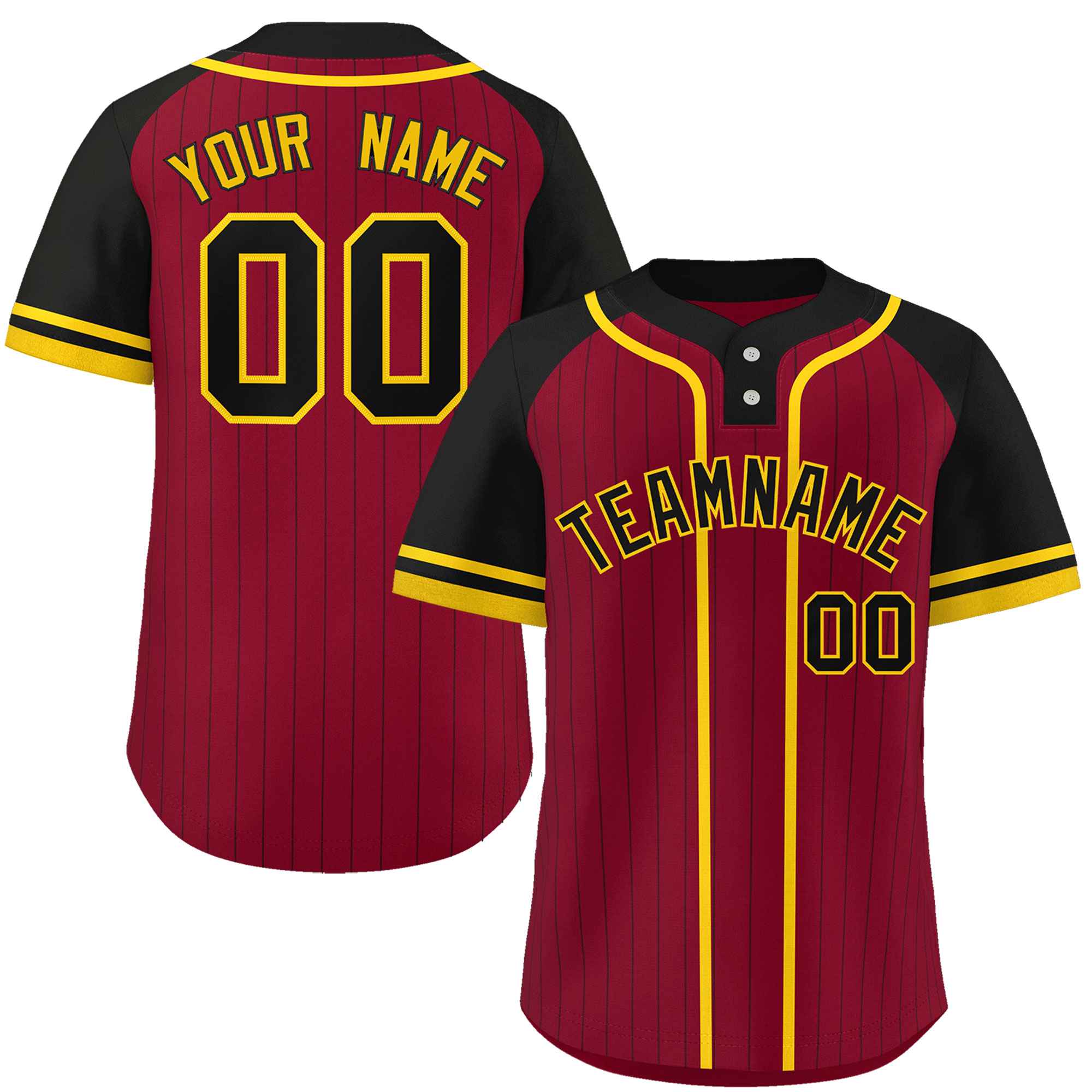 Custom Crimson Black-Gold Stripe Fashion Raglan Sleeves Authentic Two-Button Baseball Jersey