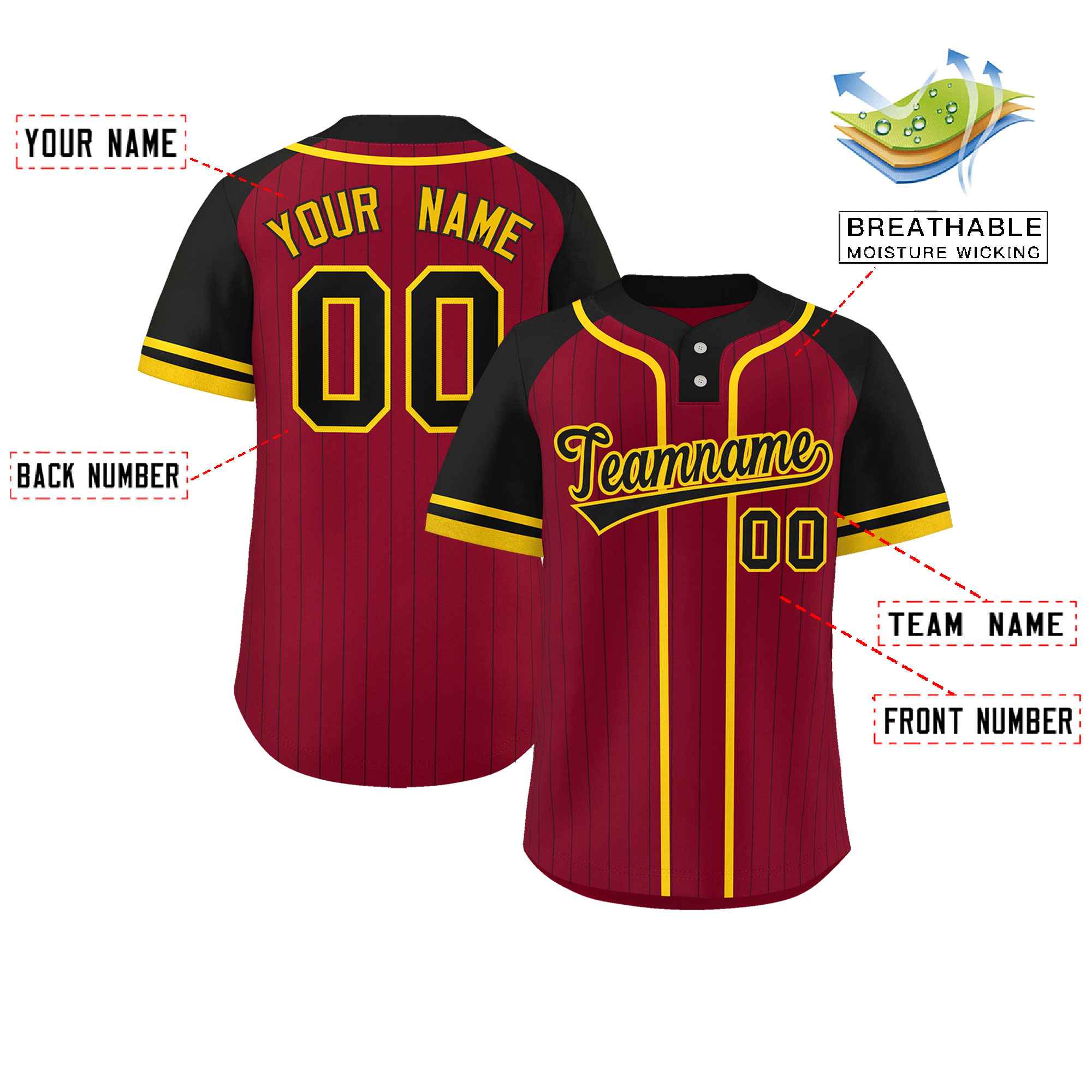 Custom Crimson Black-Gold Stripe Fashion Raglan Sleeves Authentic Two-Button Baseball Jersey