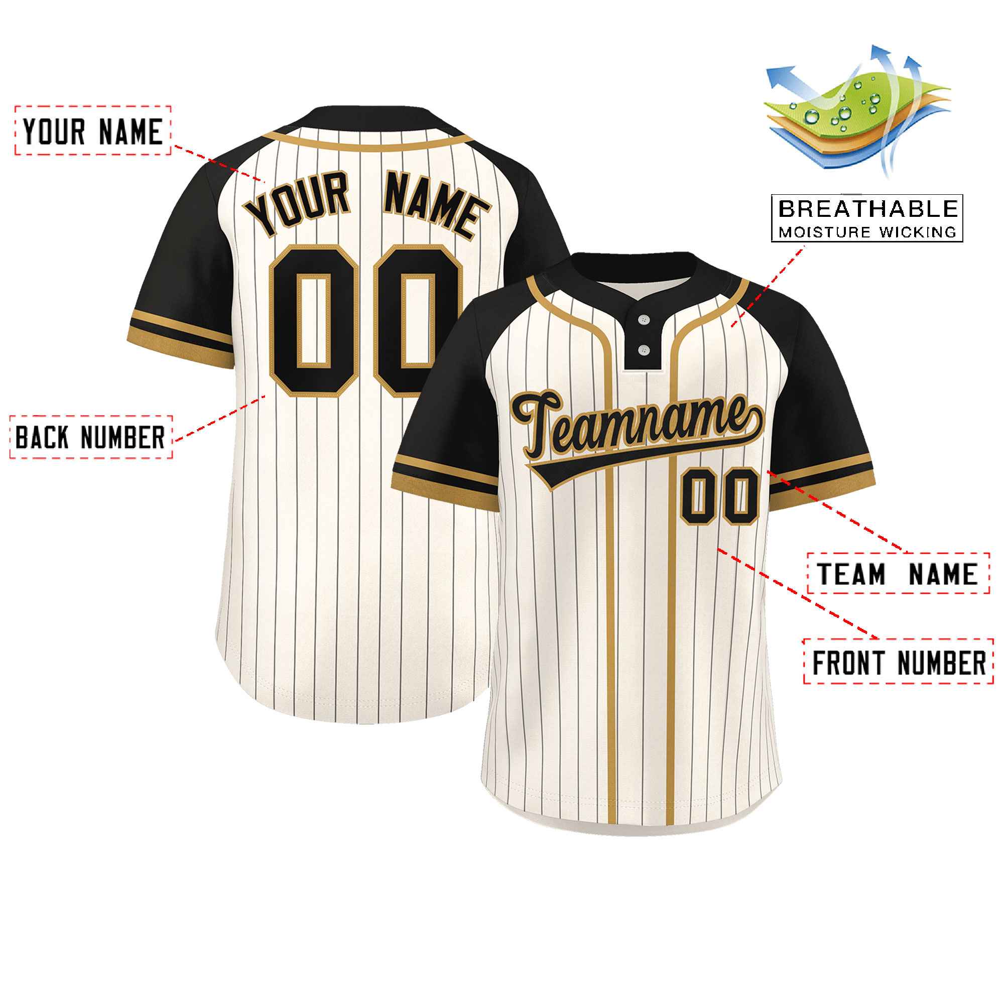 Custom Cream Black-Old Gold Stripe Fashion Raglan Sleeves Authentic Two-Button Baseball Jersey