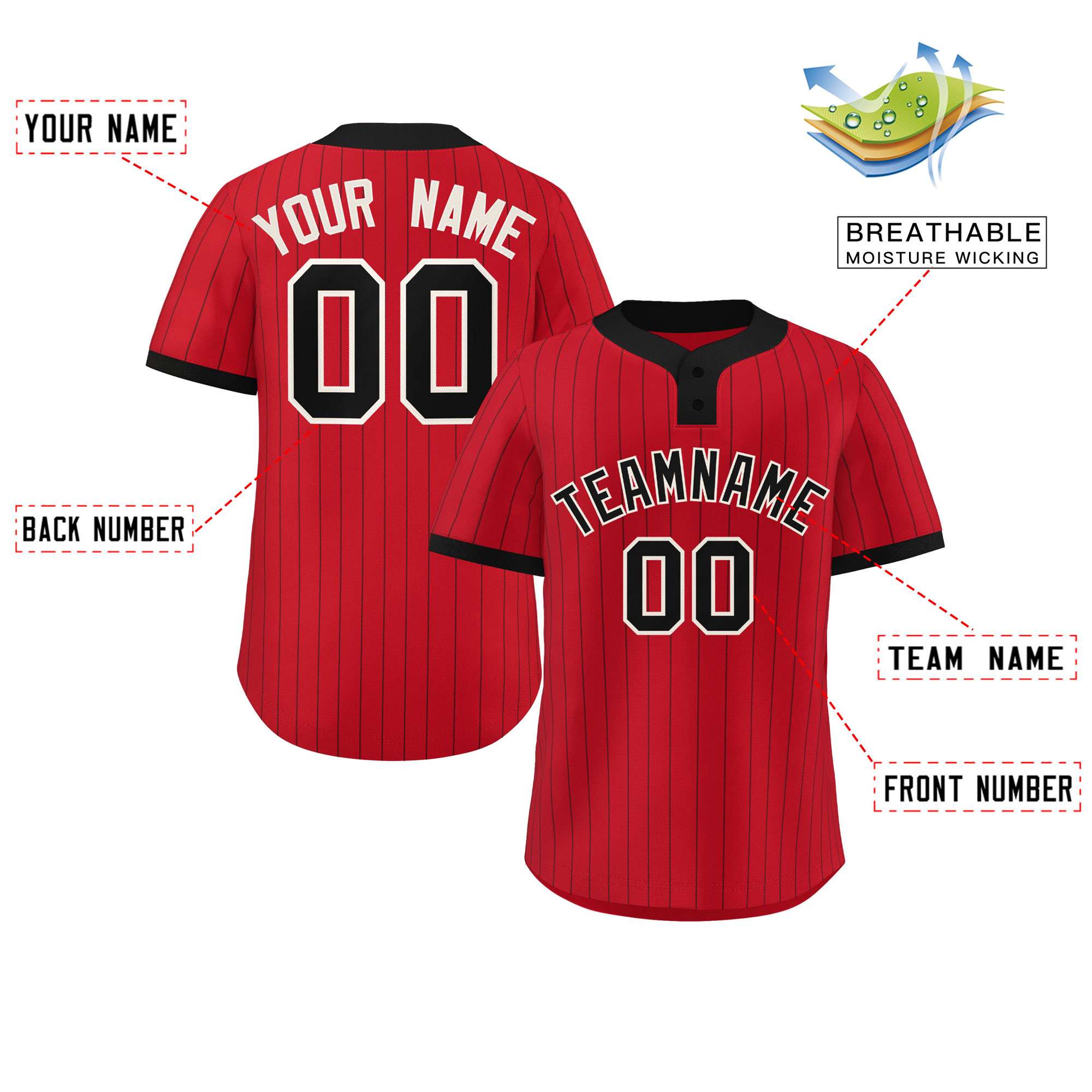 Custom Red Black Stripe Fashion Authentic Two-Button Baseball Jersey