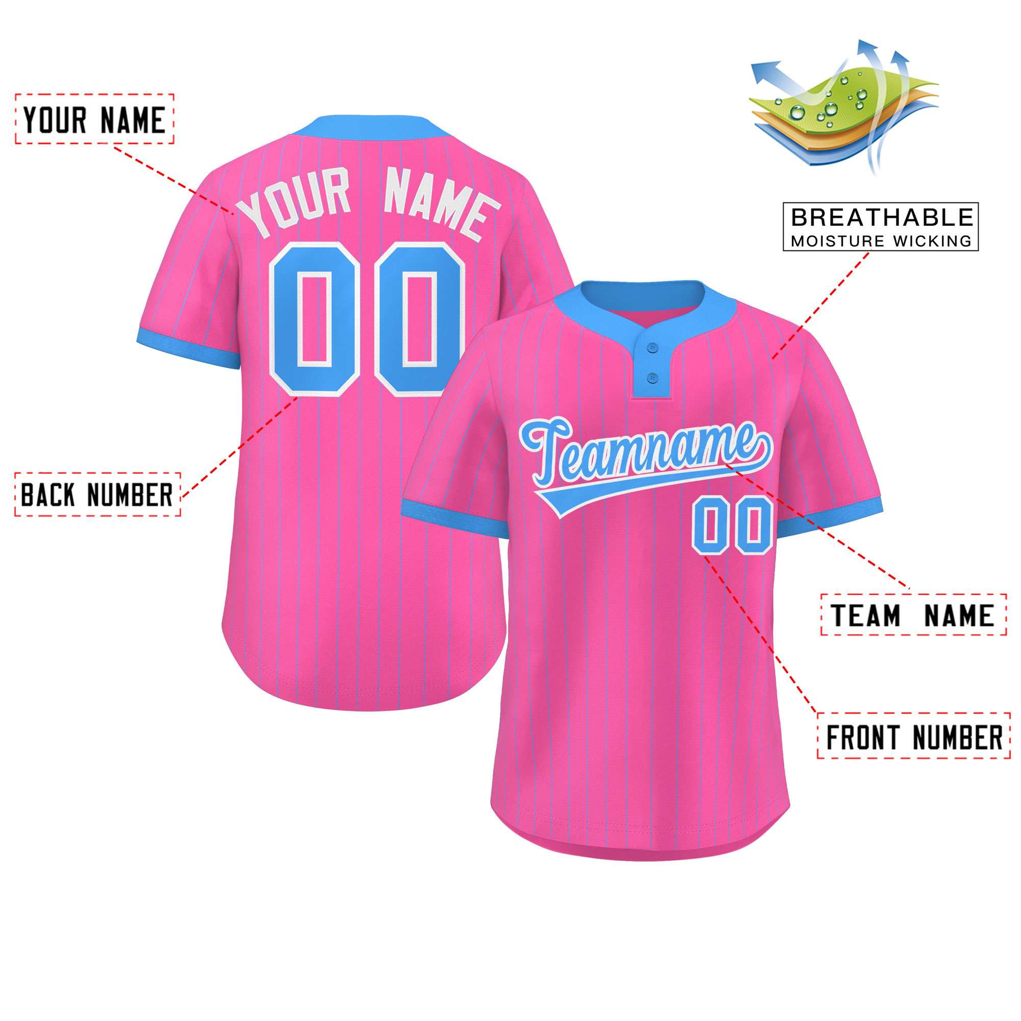 Custom Pink Powder Blue Stripe Fashion Authentic Two-Button Baseball Jersey