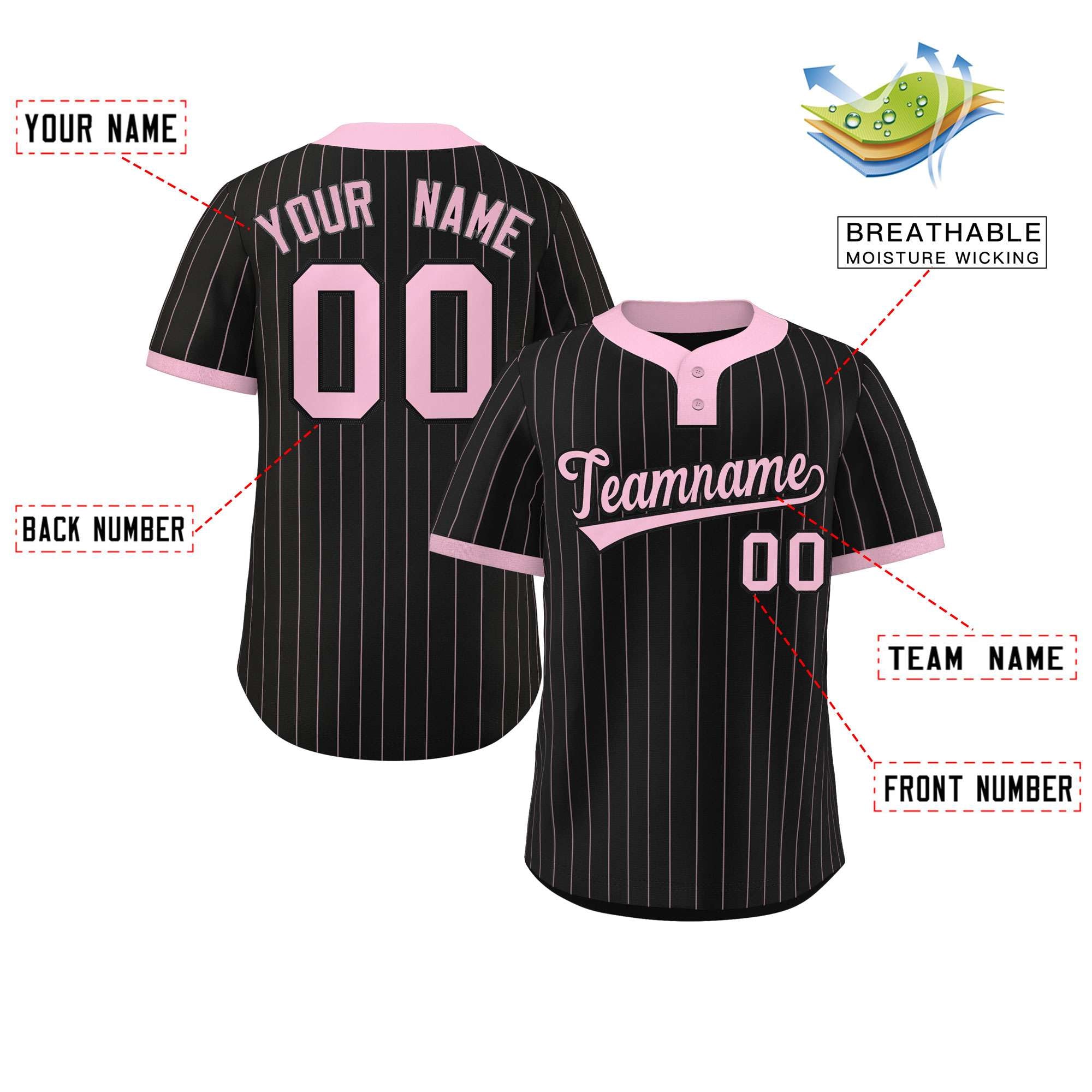 Custom Black Light Pink Stripe Fashion Authentic Two-Button Baseball Jersey