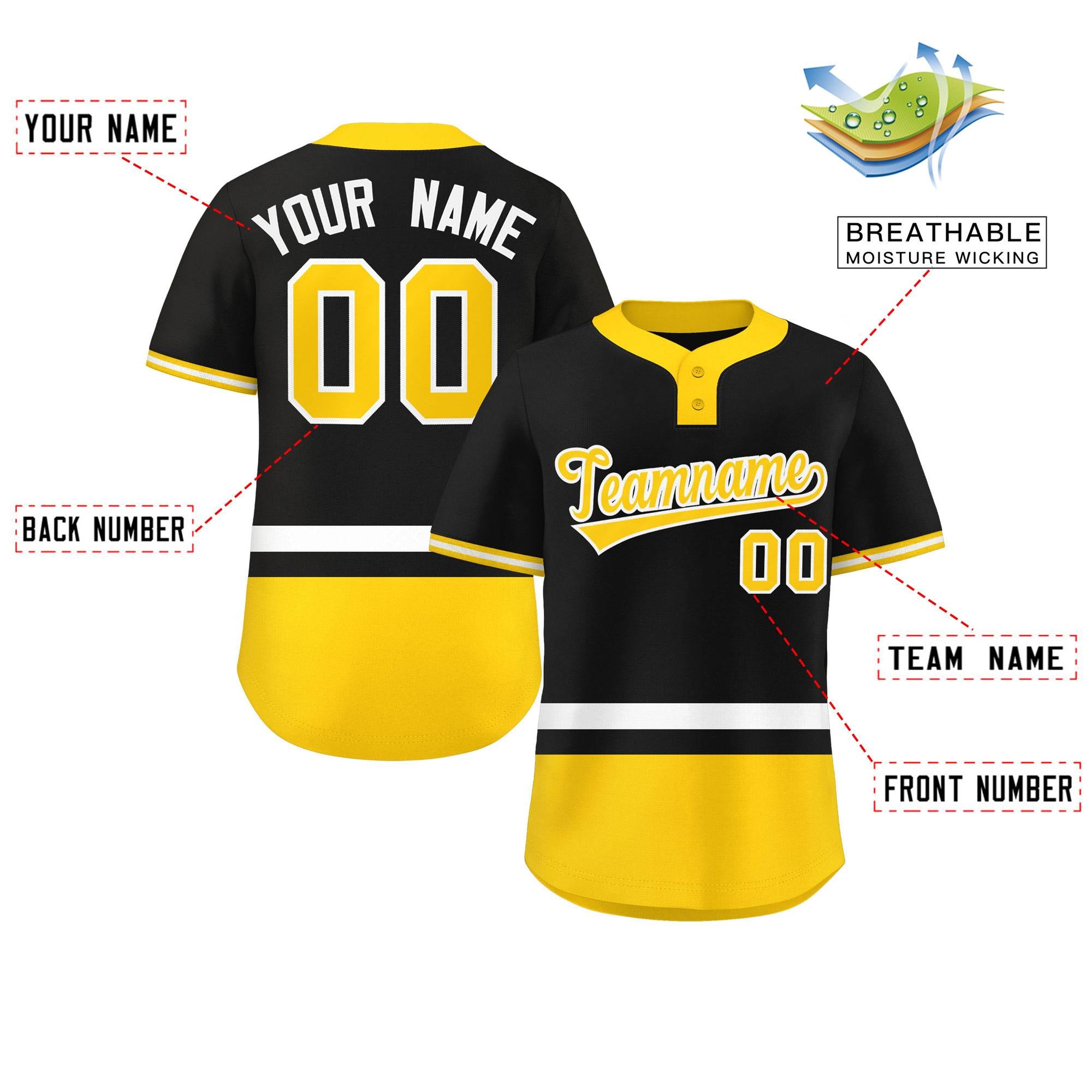 Custom Black White-Gold Color Block Personalized Authentic Two-Button Baseball Jersey