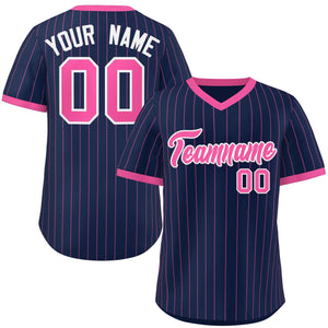 Custom Navy Pink Stripe Fashion Authentic Pullover Baseball Jersey