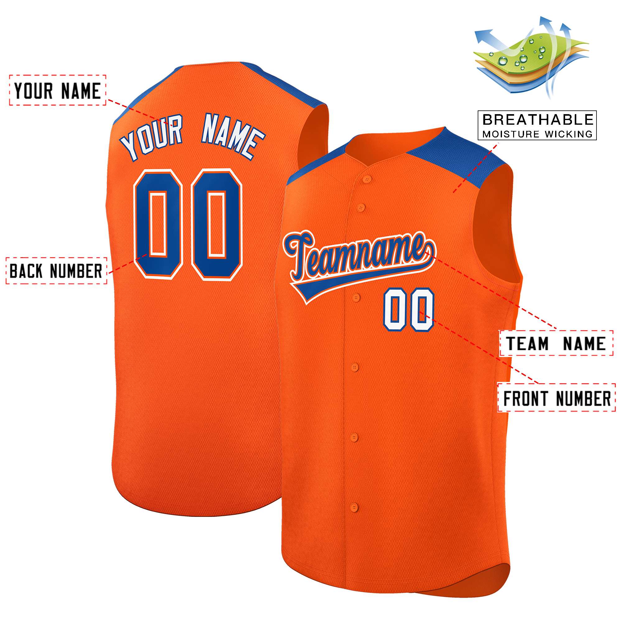 Custom Orange Royal Personalized Classic Authentic Sleeveless Baseball Jersey