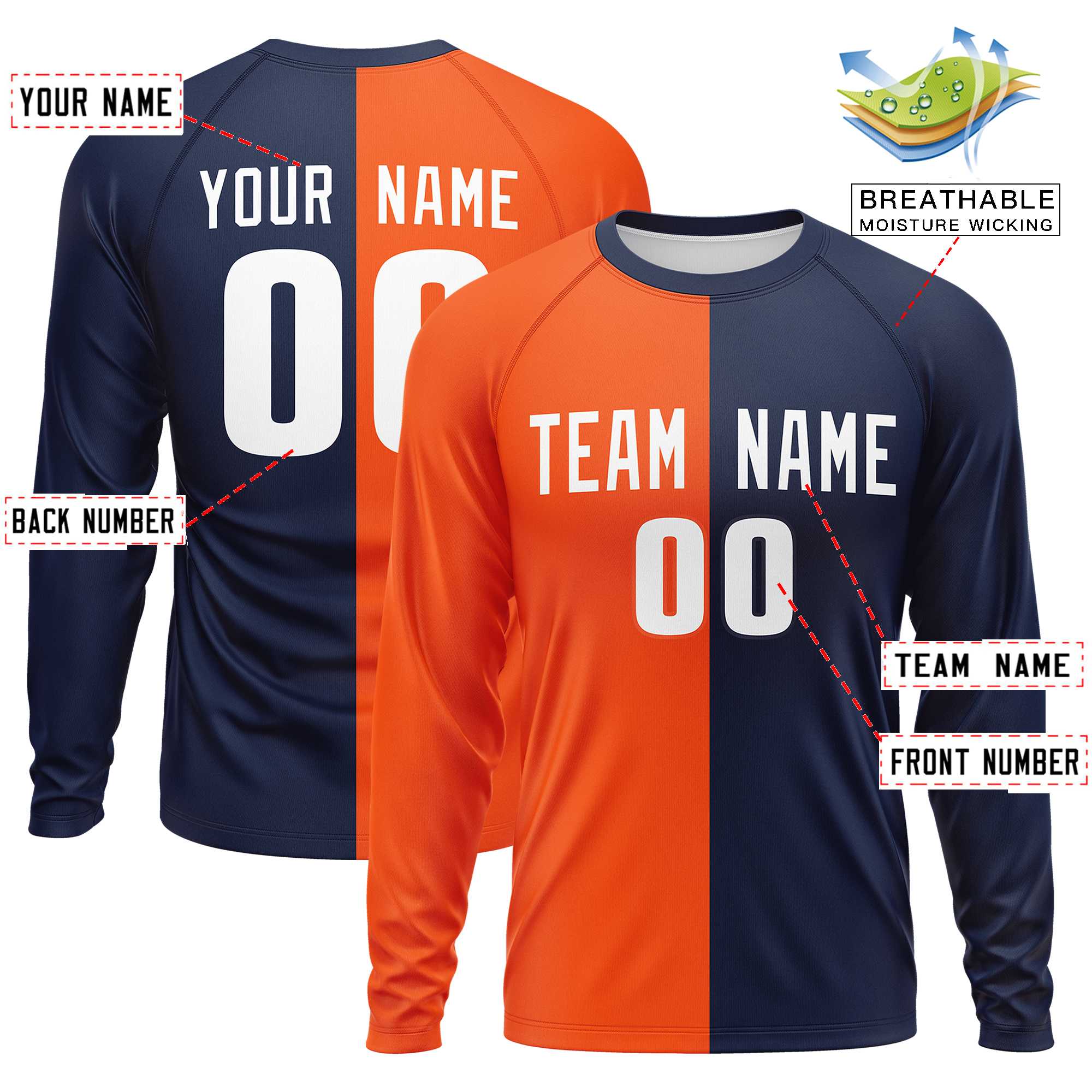 Custom Orange Navy Neck Split Design Long Sleeve Performance T-Shirt