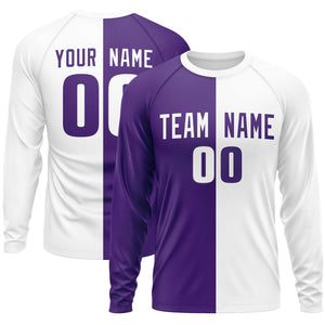 Custom Purple White Neck Split Design Long Sleeve Performance T-Shirt