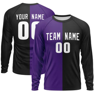 Custom Purple Black Neck Split Design Long Sleeve Performance T-Shirt