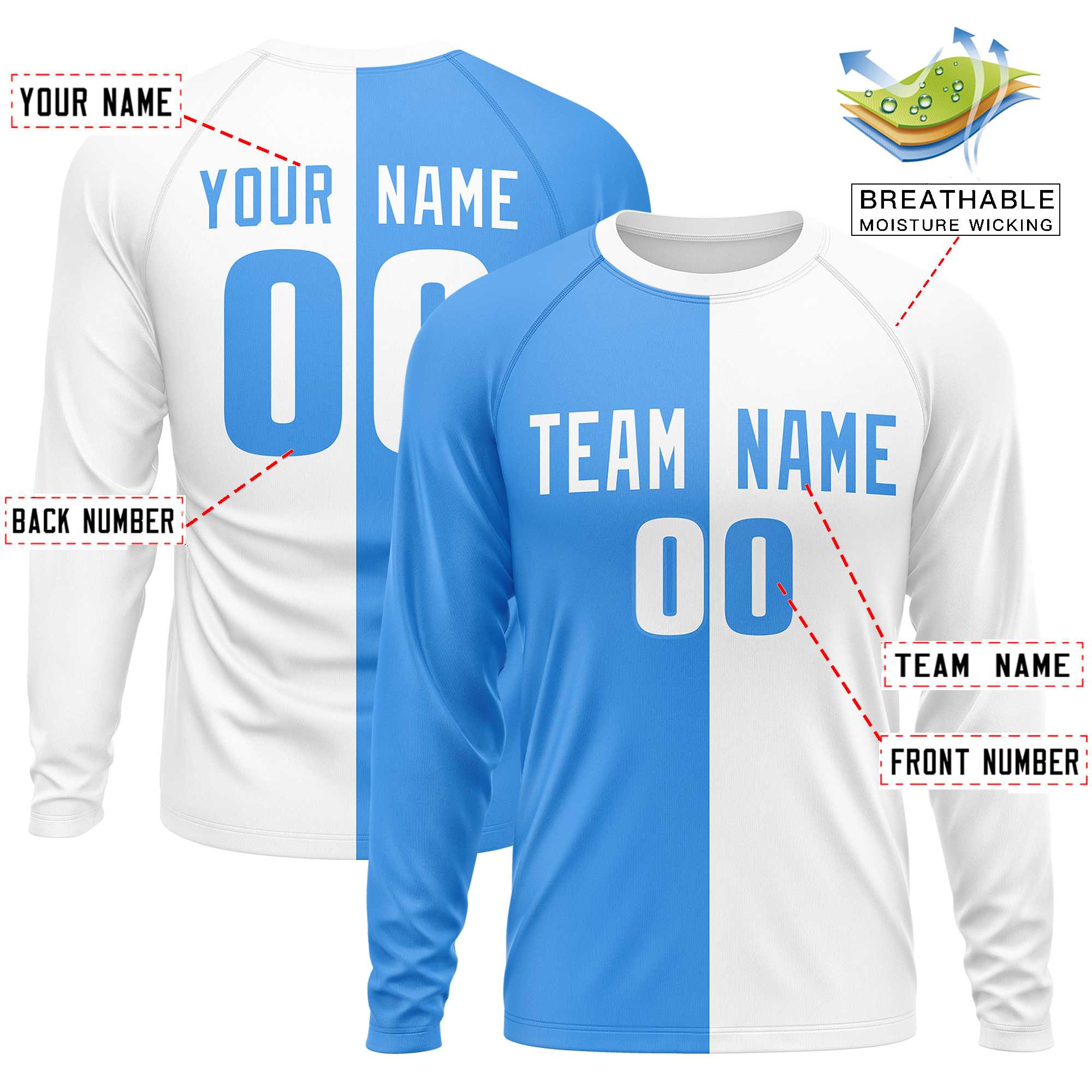 Custom Powder Blue White Neck Split Design Long Sleeve Performance T-Shirt