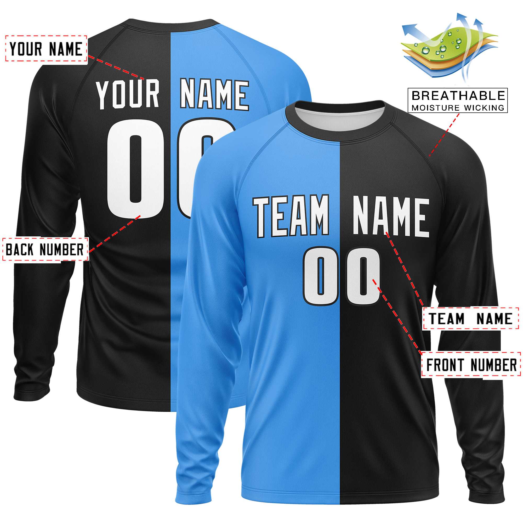 Custom Powder Blue Black Neck Split Design Long Sleeve Performance T-Shirt