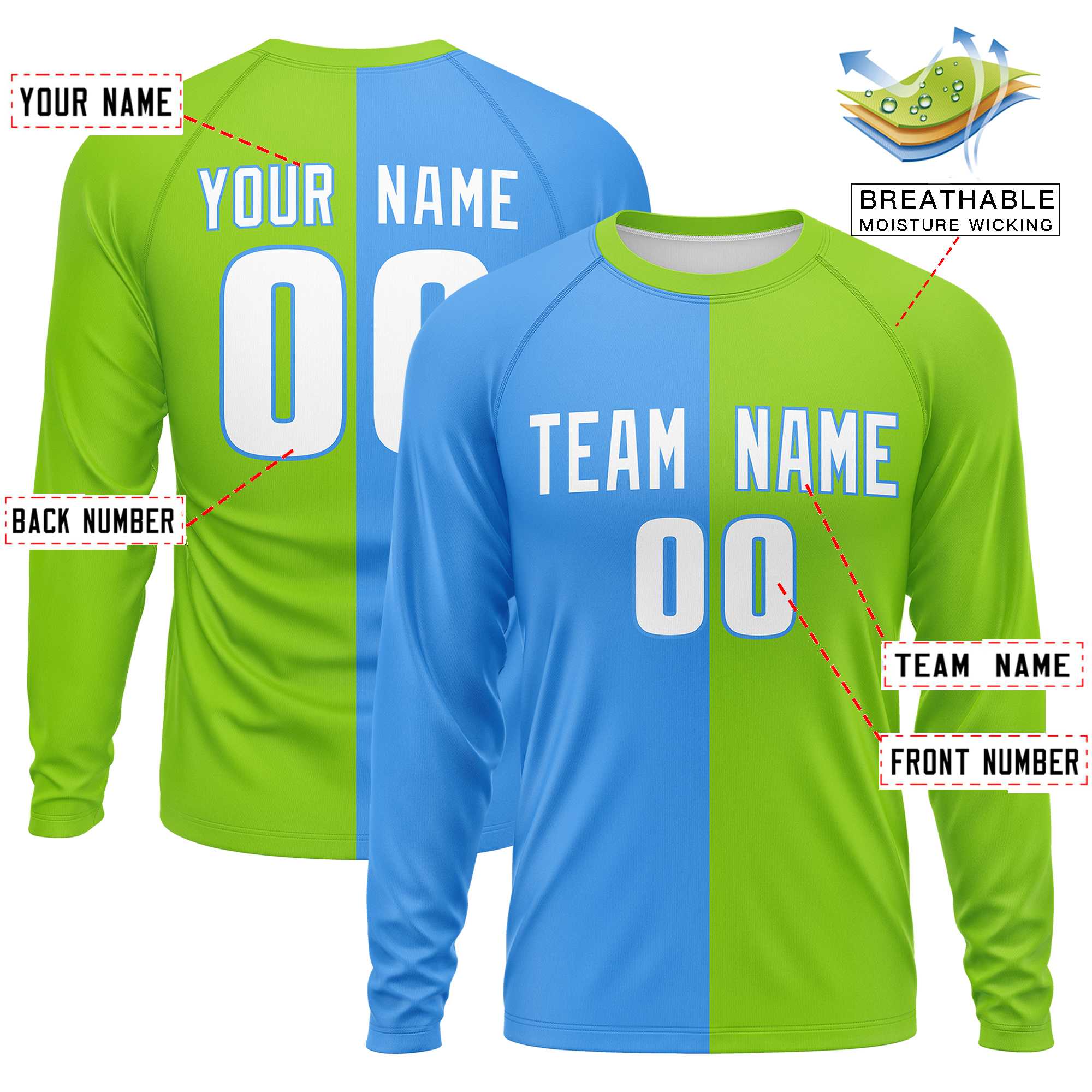 Custom Powder Blue Neon Green Neck Split Design Long Sleeve Performance T-Shirt