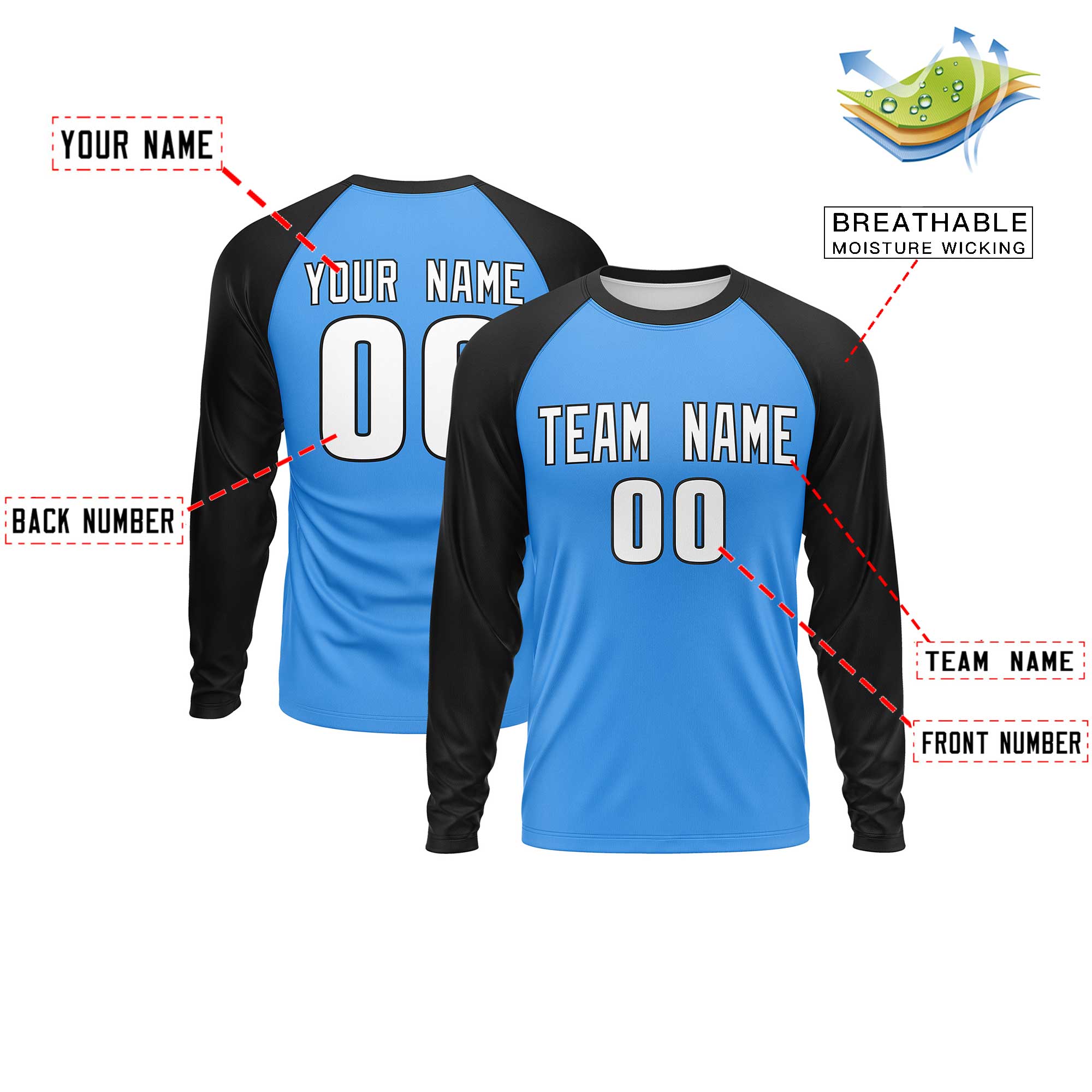 Custom Powder Blue Black Crew Neck Split Design Long Sleeve Performance T-Shirt