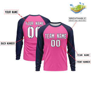 Custom Pink Navy Crew Neck Split Design Long Sleeve Performance T-Shirt