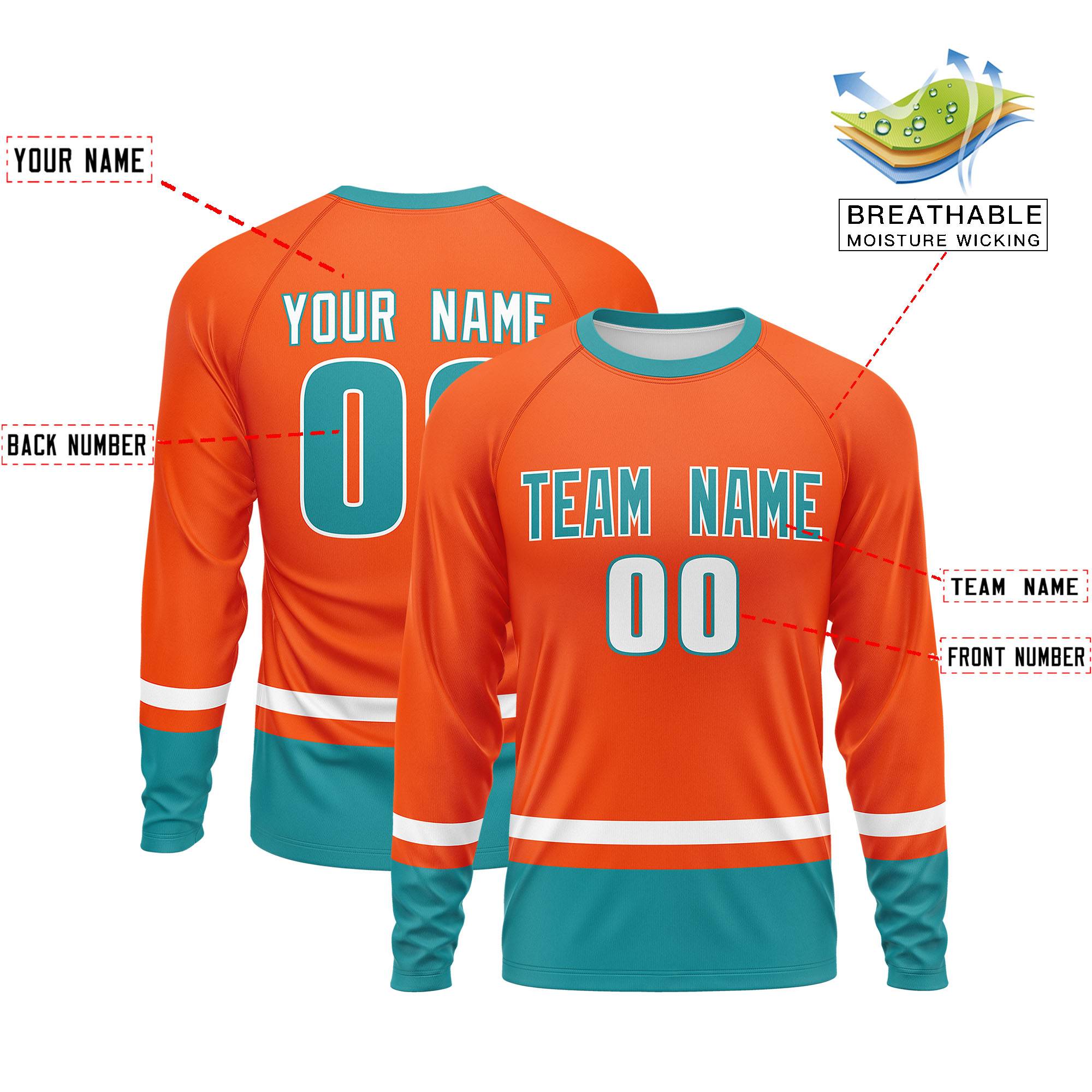 Custom Orange White-Aqua Color Block Design Long Sleeve Performance T-Shirt