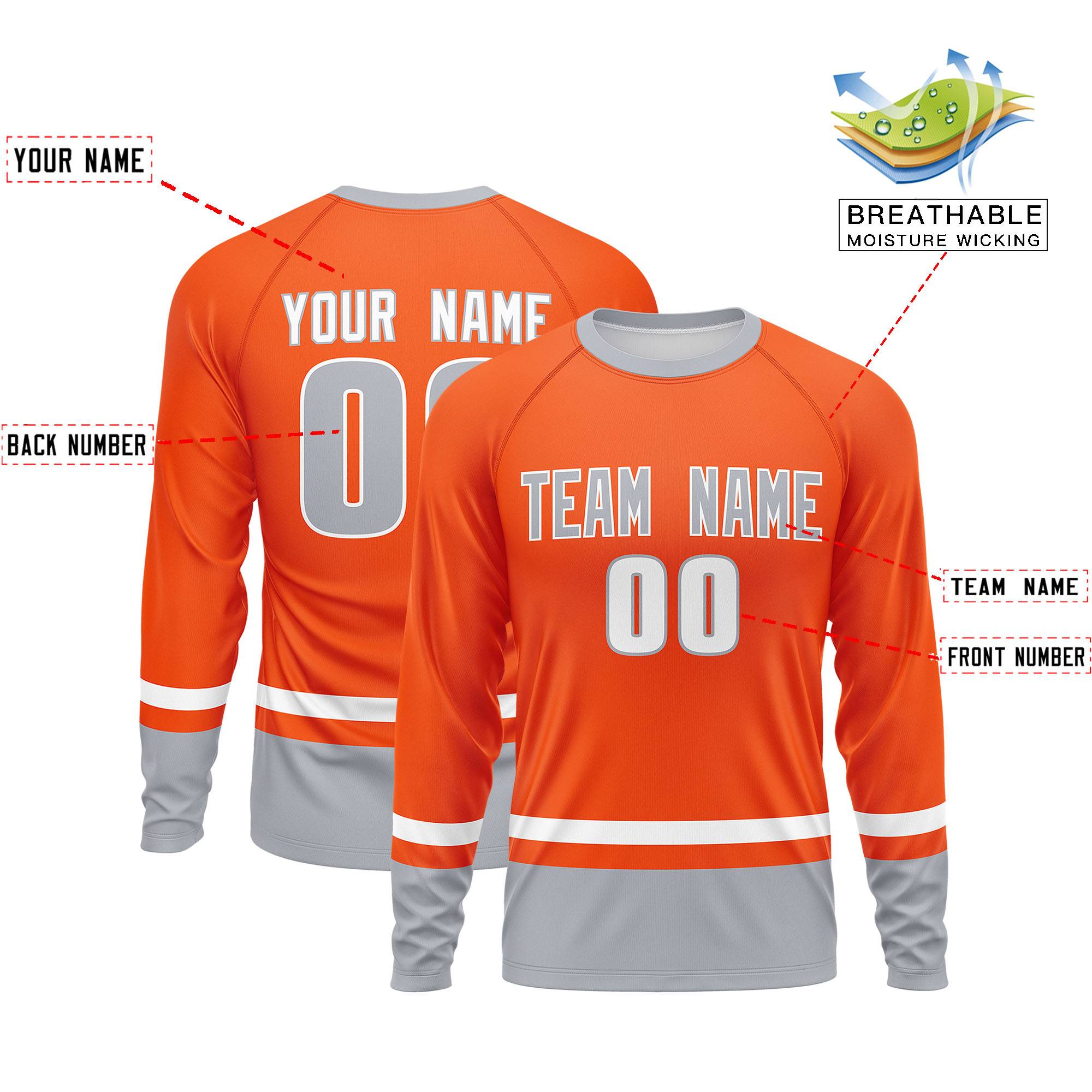 Custom Orange White-Gray Color Block Design Long Sleeve Performance T-Shirt