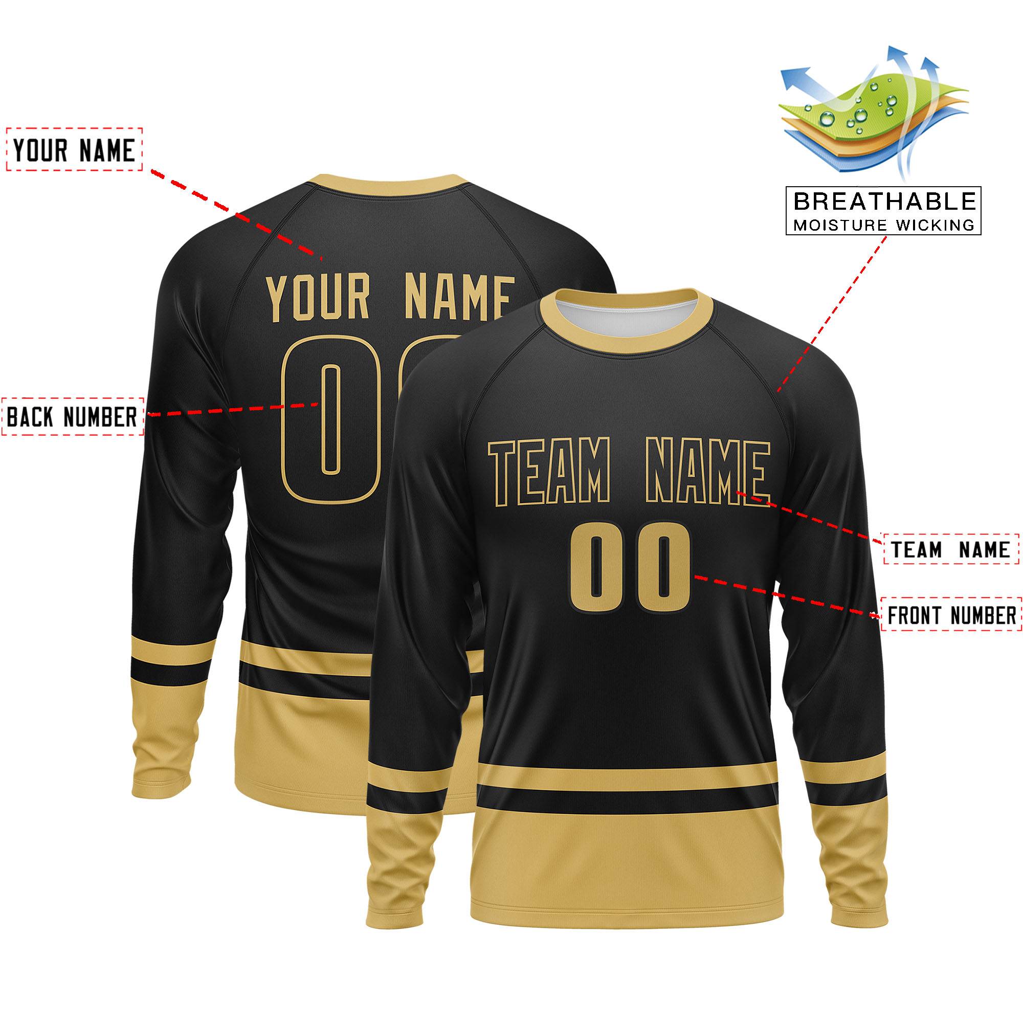 Custom Black Old Gold Color Block Design Long Sleeve Performance T-Shirt