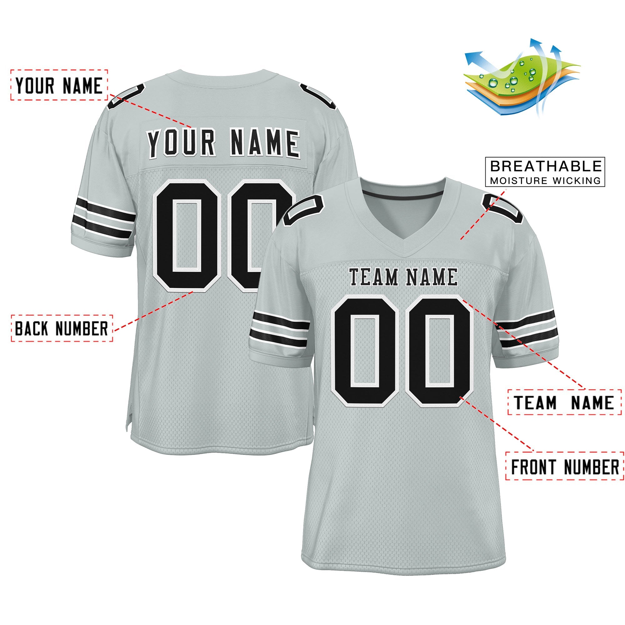 Custom Silver Black-White Classic Style Mesh Authentic Football Jersey