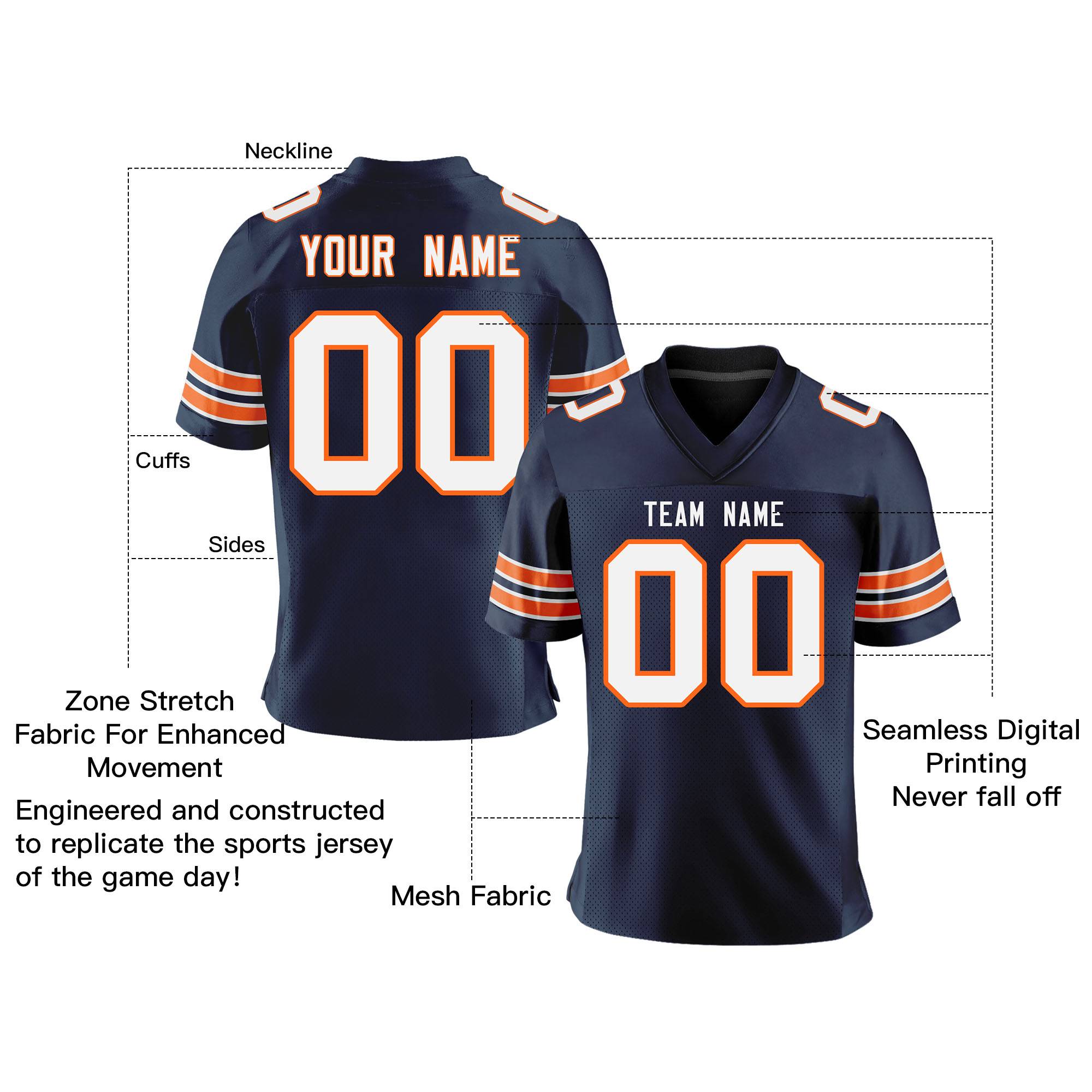 Custom Navy White-Orange Personalized Classic Mesh Authentic Football Jersey