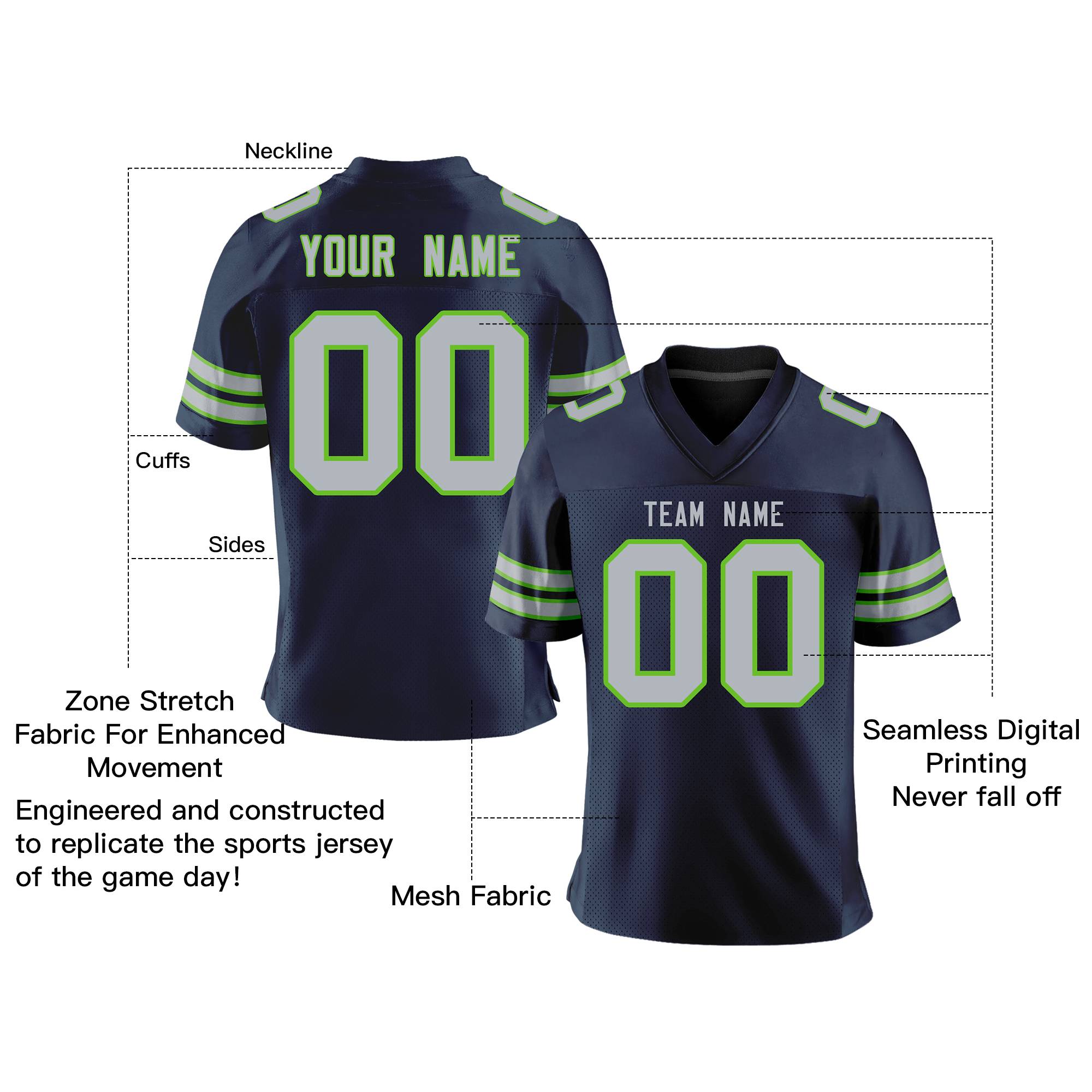 Custom Navy Gray-Neon Green Personalized Classic Mesh Authentic Football Jersey