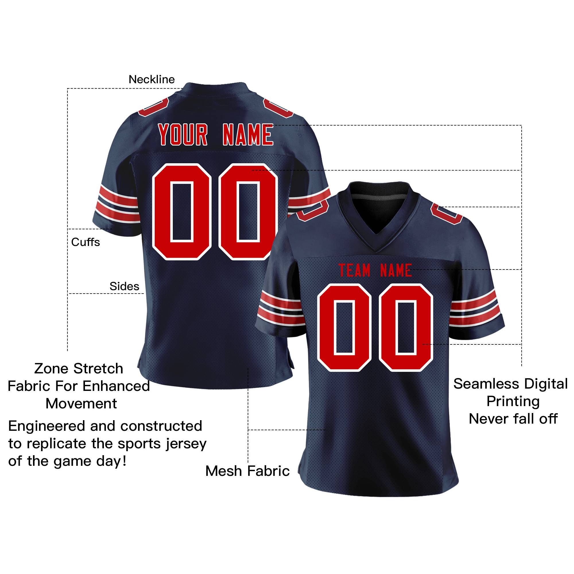 Custom Navy Red-White Personalized Classic Mesh Authentic Football Jersey